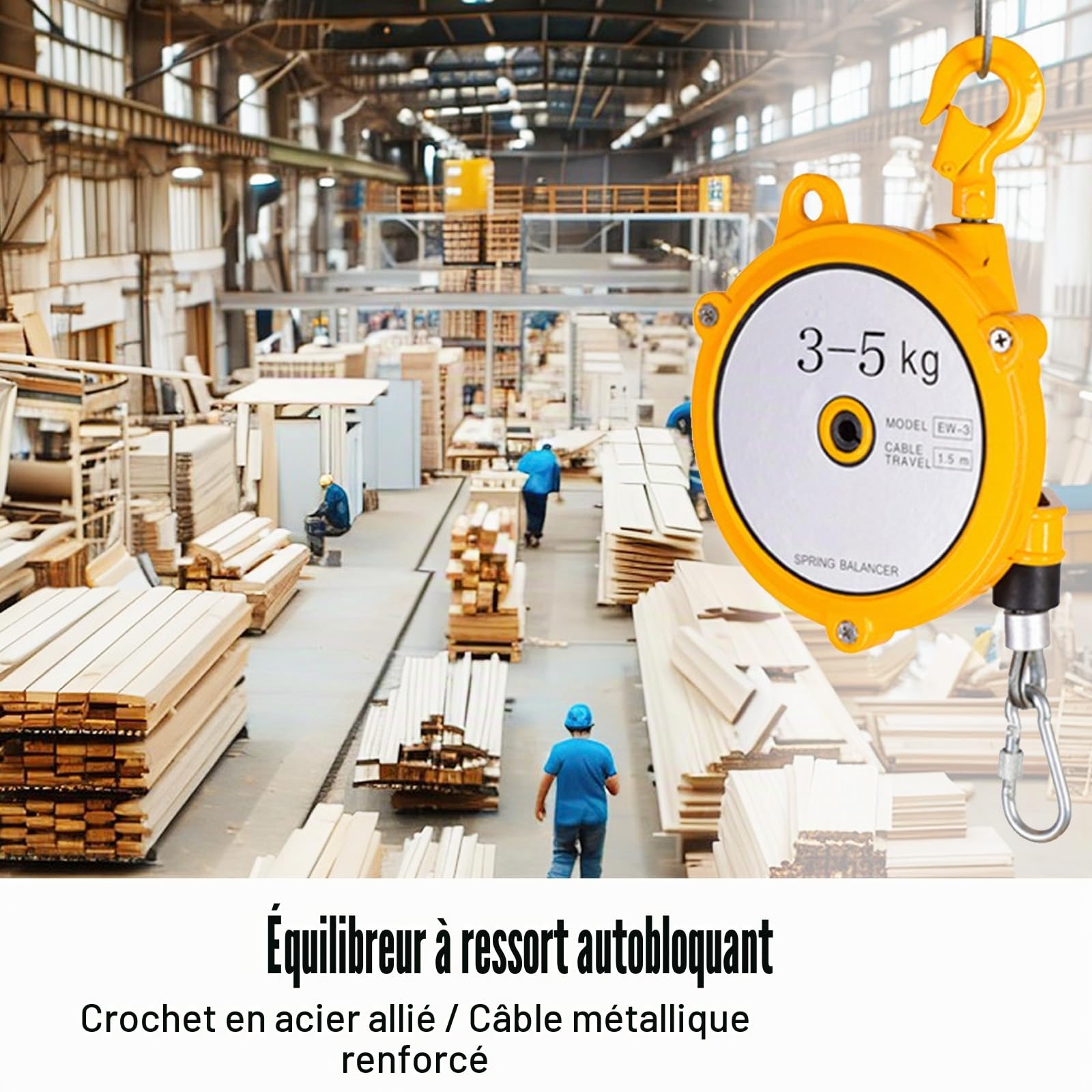 Équilibreur à Ressort Rétractable 3-5 kg, Equilibreur à Ressort 1,5m de Hauteur de Levage avec Fil Acier Epais et Crochet Equilibrage à Ressort en Métal pour Ateliers et Usines