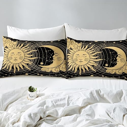 Miniatura 4 de Erosebridal Sábana bajera ajustable de sol y luna, planetas amarillos, estrellas, funda de cama individual de galaxia mística y fisélica, juego de