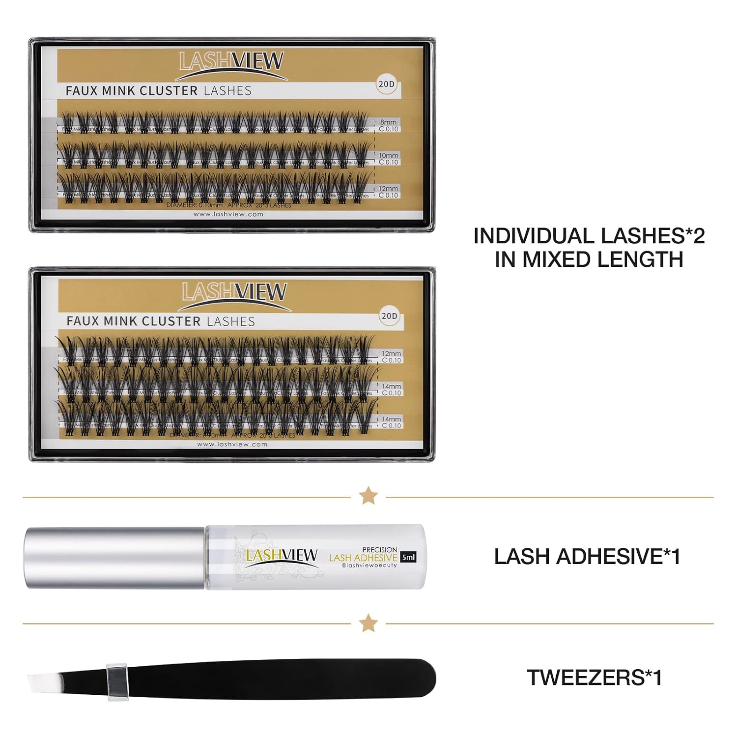 LASHVIEW Diy Lash Extension Kit & Lash Bond and Seal, C Curl Cluster Eyelash Extensions Kit with Glue and Tweezers(0.10 20Roots 8-14mm)