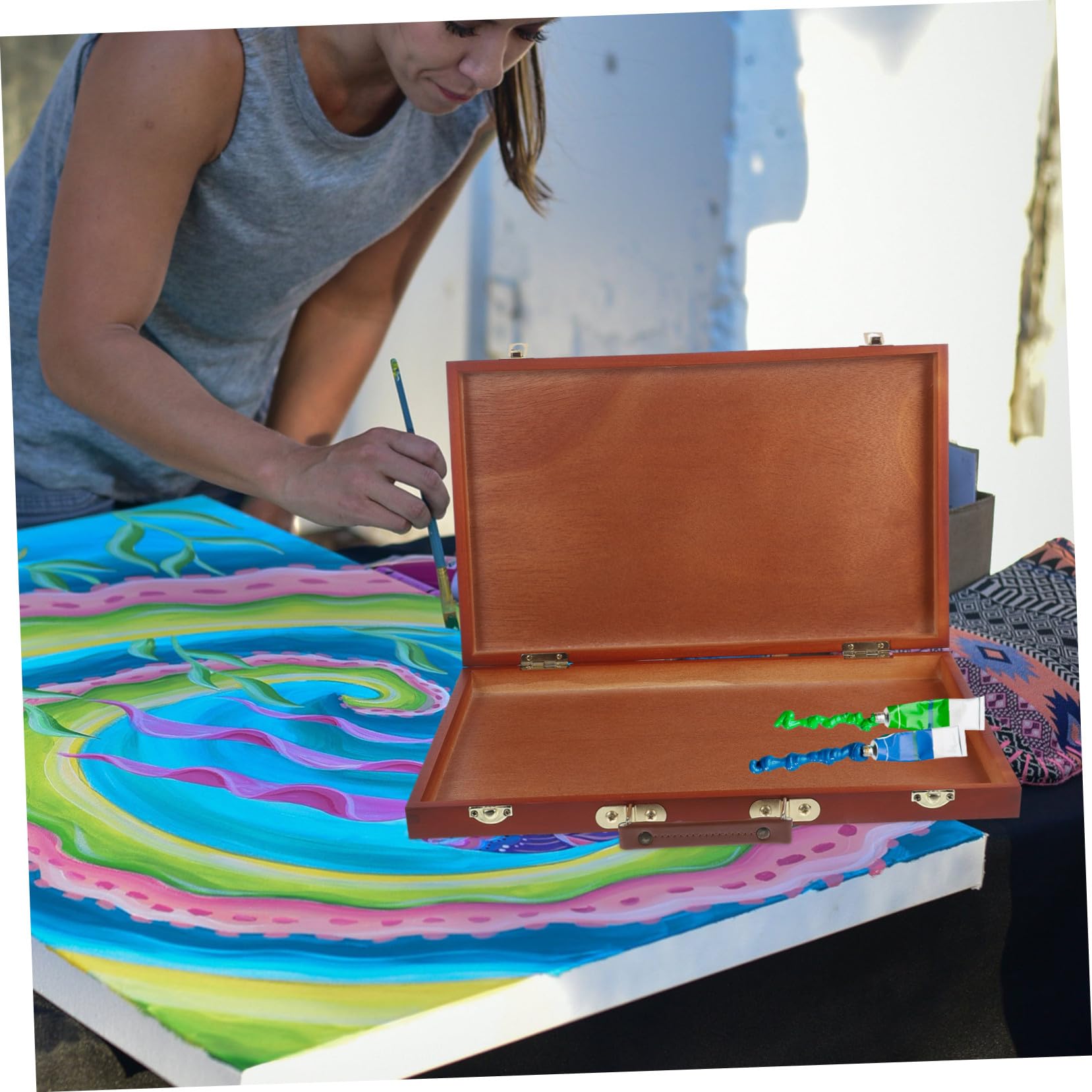 ABOOFAN Boîte de Peinture Bois Multifonctionnelle Légère Boîte à Crayons Portable Style Européen pour Artistes Mallette de Dessin et Rangement Outils Peinture
