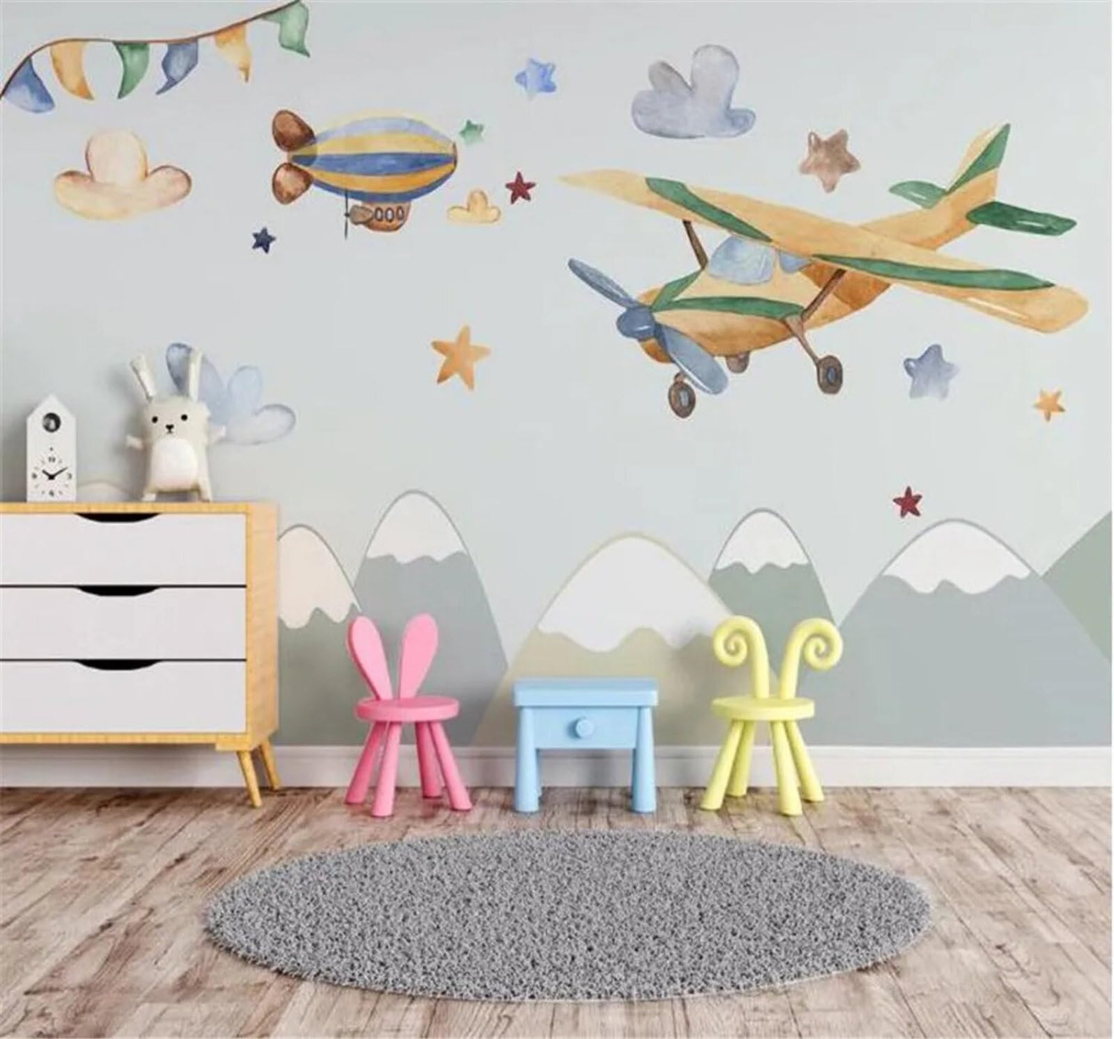 Tzxztt Hand Drawn Cartoon Aeroplane Mountains Stars Modern 3D Wallpaper Premium Textured Silk Neutral Tones Material Ideal for Living Room Bedroom-300cm×210cm