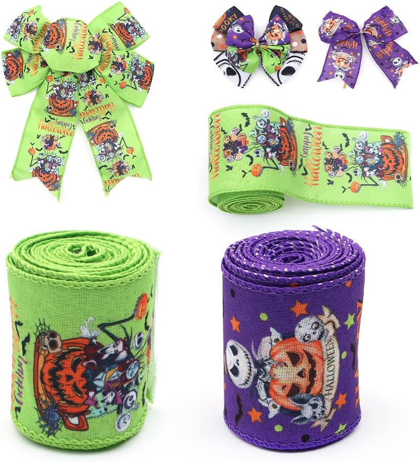 6 Rolls Nightmare Before Christmas Wired Ribbon 1.5" & 2.5" - Halloween Jack Skellington Sally Ribbon with Pumpkin/Spider/Bat/Patterns for Fall Halloween Christmas Decor, Wreath Bows, Gift Wrapping