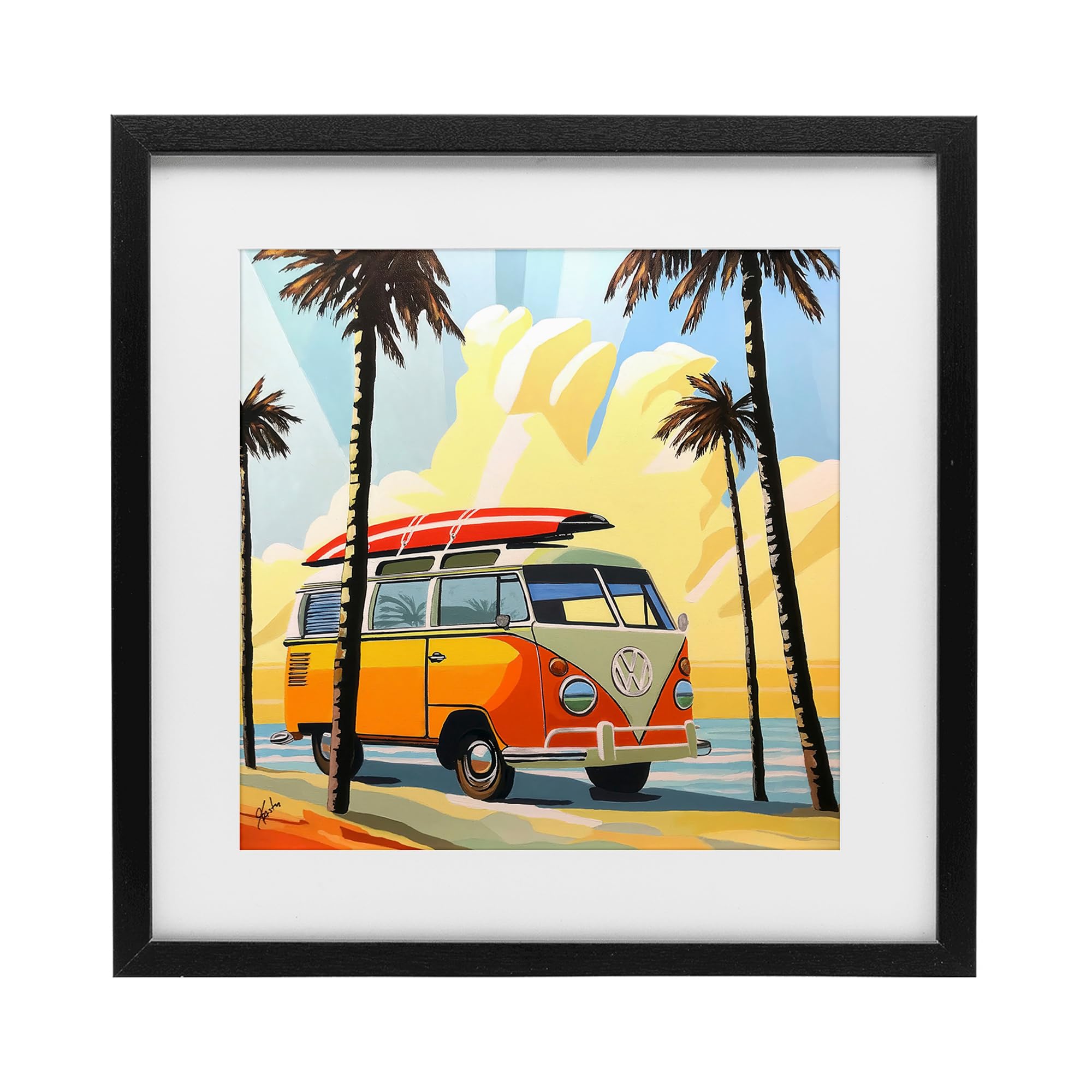 Stupell Industries Midnight Black (Textured) Road Trip Beach Van Nautical, 16 X 16 Inch Framed Print Under Glass