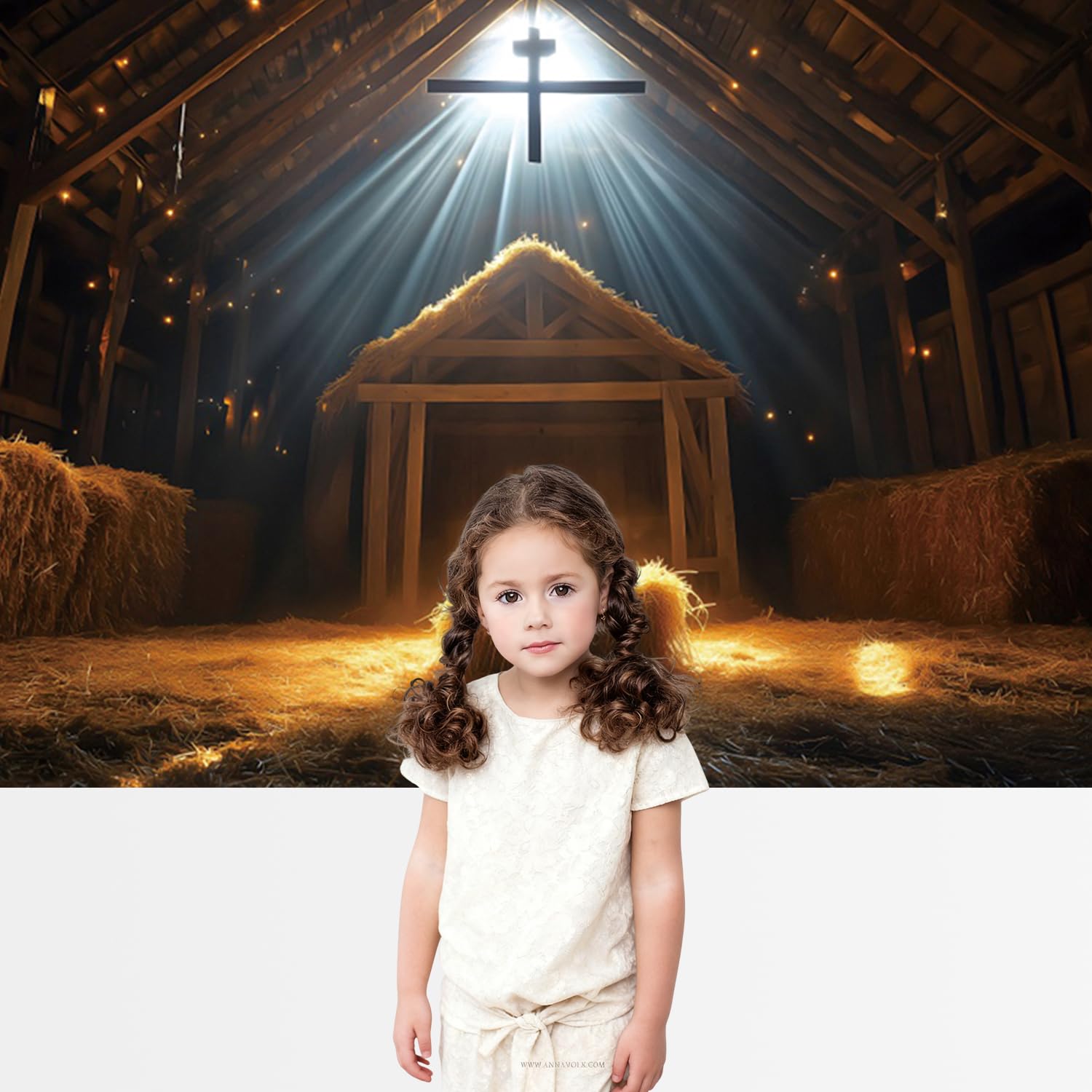3 x 2,5 m Nativity Stable Backdrop Birth of Jesus Manger Photography Background Hay Bales Christian Cross Sunbeam Lights Rustic Wooden Holy Christmas Religion Theme Photo Studio Props