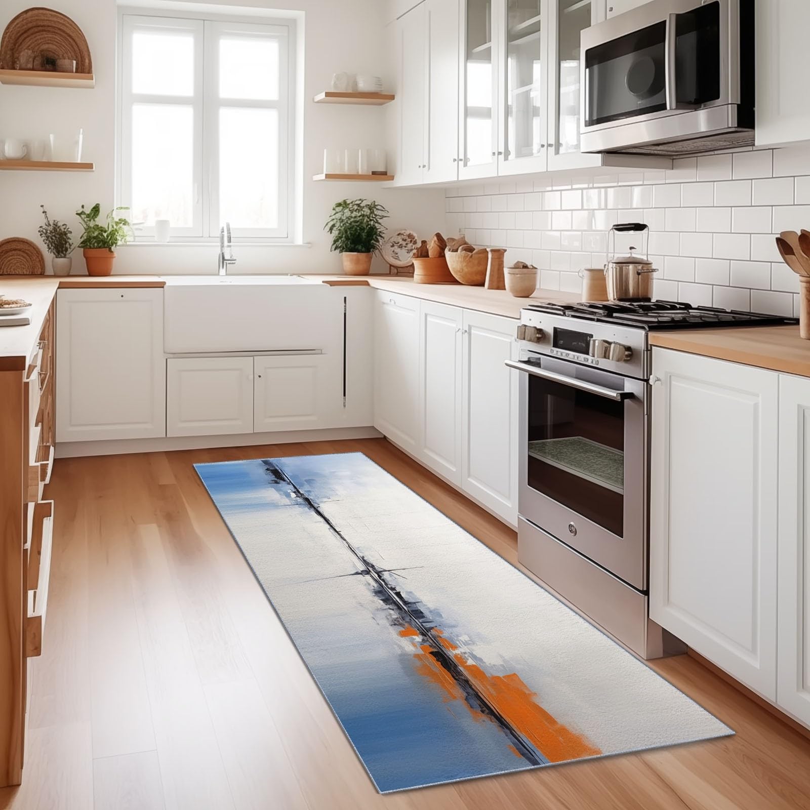 Tapis de couloir bleu lavable en machine de 80x200 cm idéal pour une cuisine ou une entrée