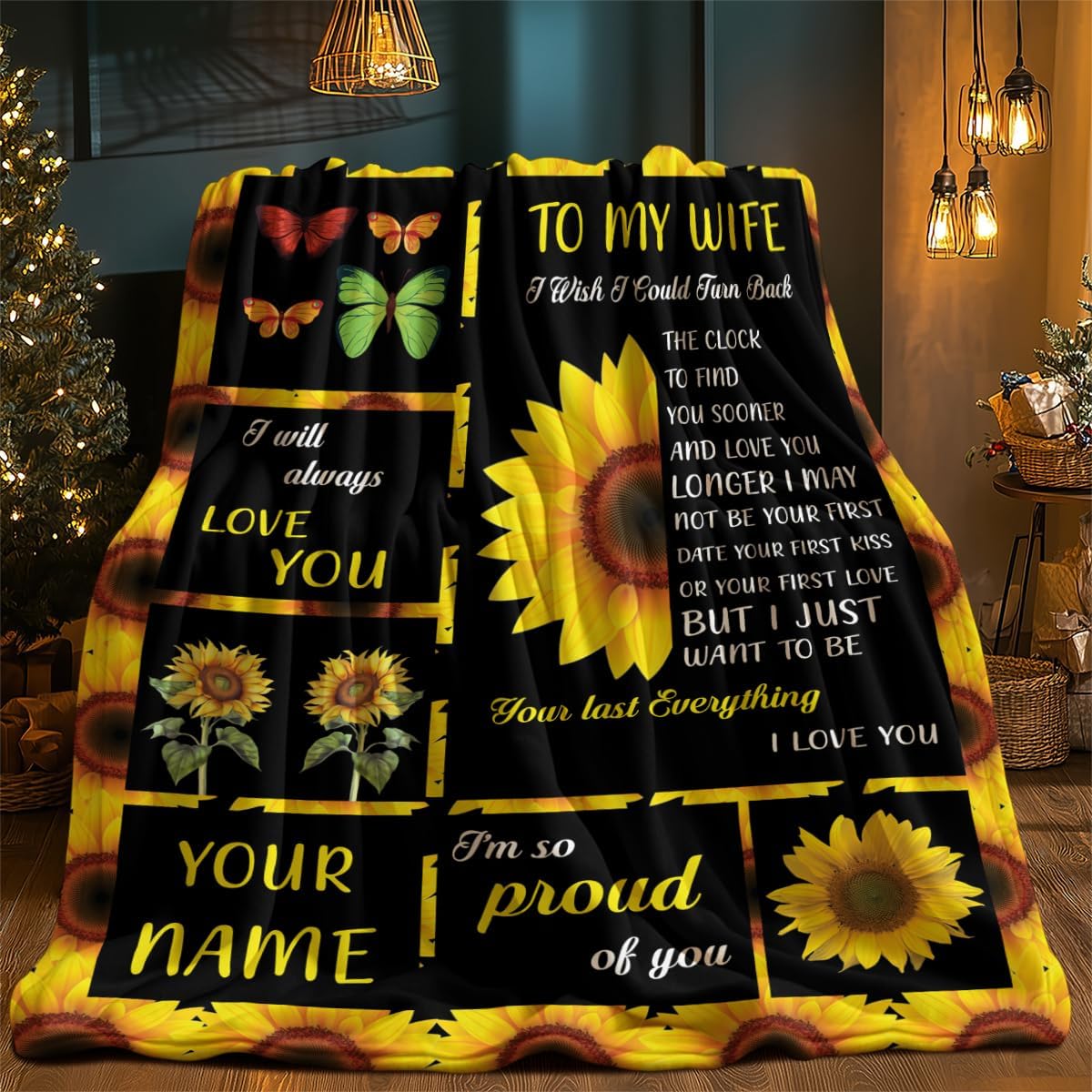 to My Wife Sunflower Blanket Throw with Love Message Black and Yellow Floral Design Romantic Butterfly Pattern I Love You Wife Forever Anniversary with Blankets 60x80 Inches