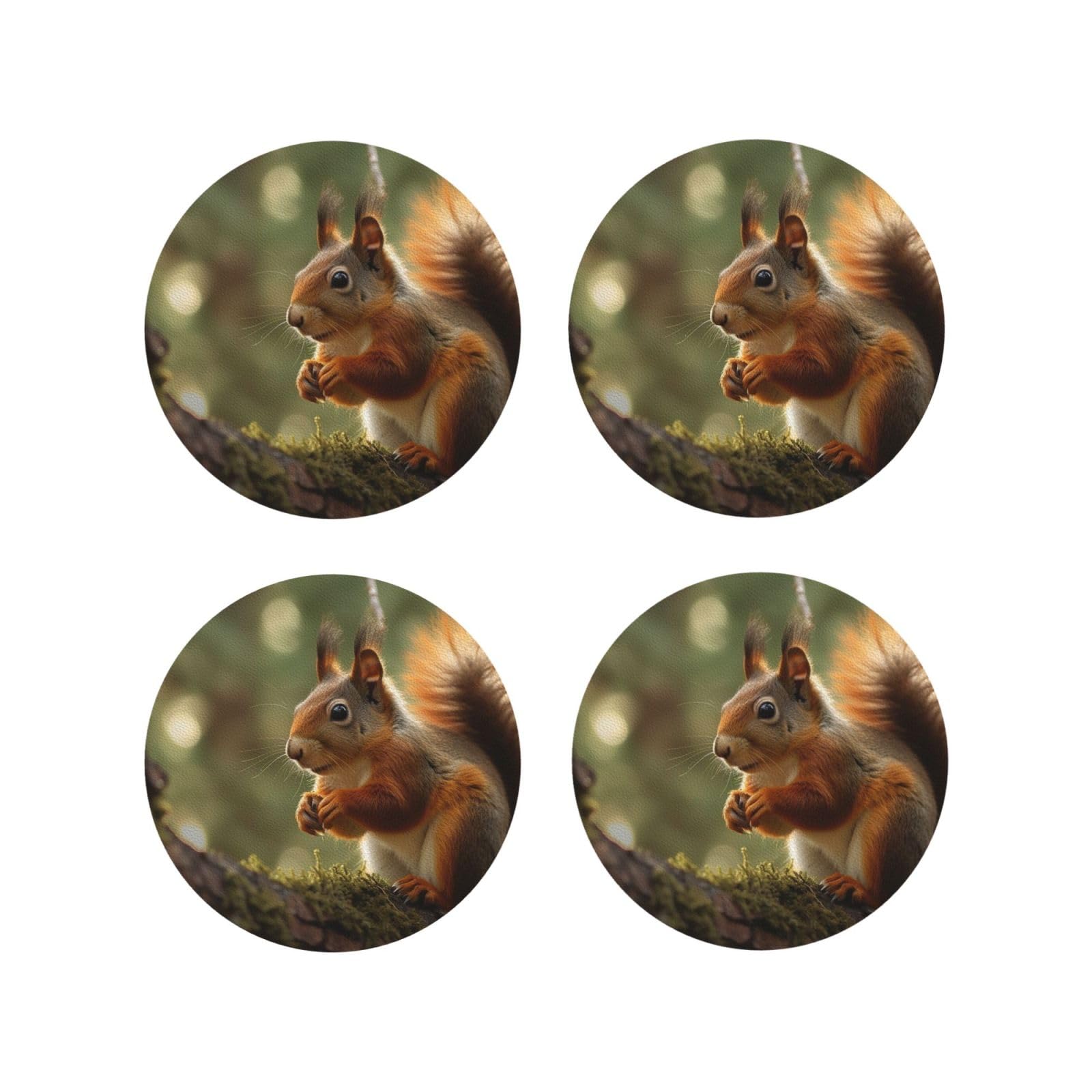 4Pcs PU Leather Coaster for Drinks, Wildlife Forest Squirrel Cup Coastersr 4" Cup Mat Pad, Aesthetic Drink Coasters for Coffee Table, Round Shape Coaster for Tabletop Protection