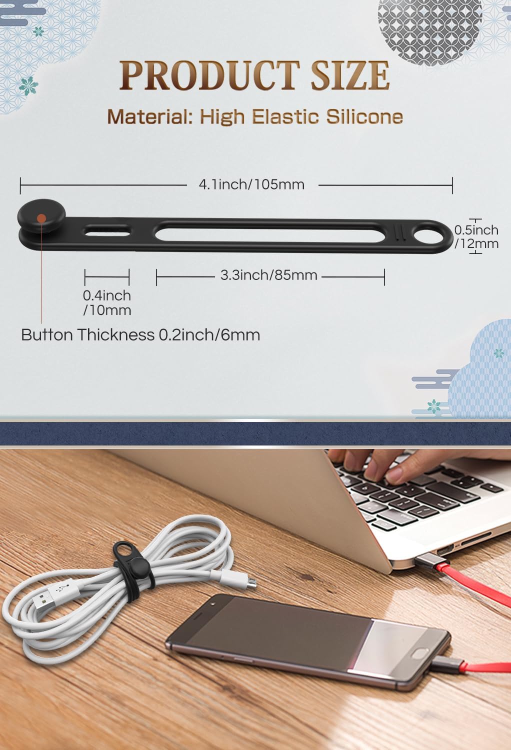 10 Pcs Silicone Reusable Cable Ties, Viaky Cord Organizer Wire Holders for Cords Cable Straps Travel USB Charging Earphone Cable Management (Black-2)