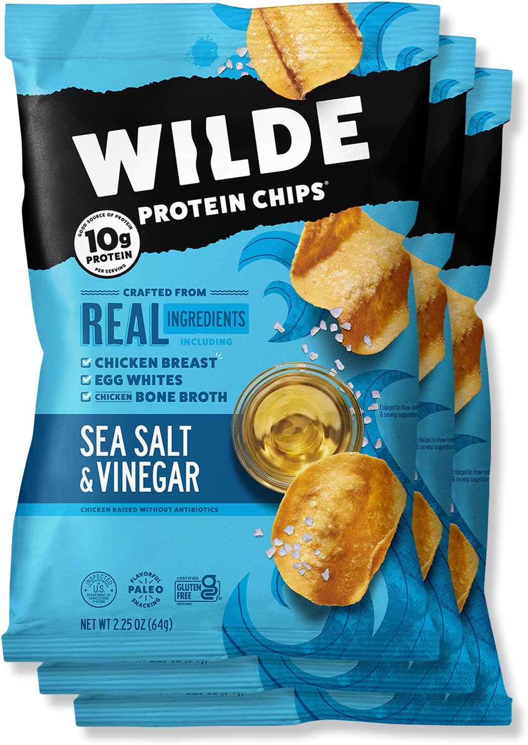 WILDE Sea Salt and Vinegar Protein Chips, Thin and Crispy, High Protein, Keto Friendly, Made with Real Ingredients, 2.25oz Bags (Pack of 3)…
