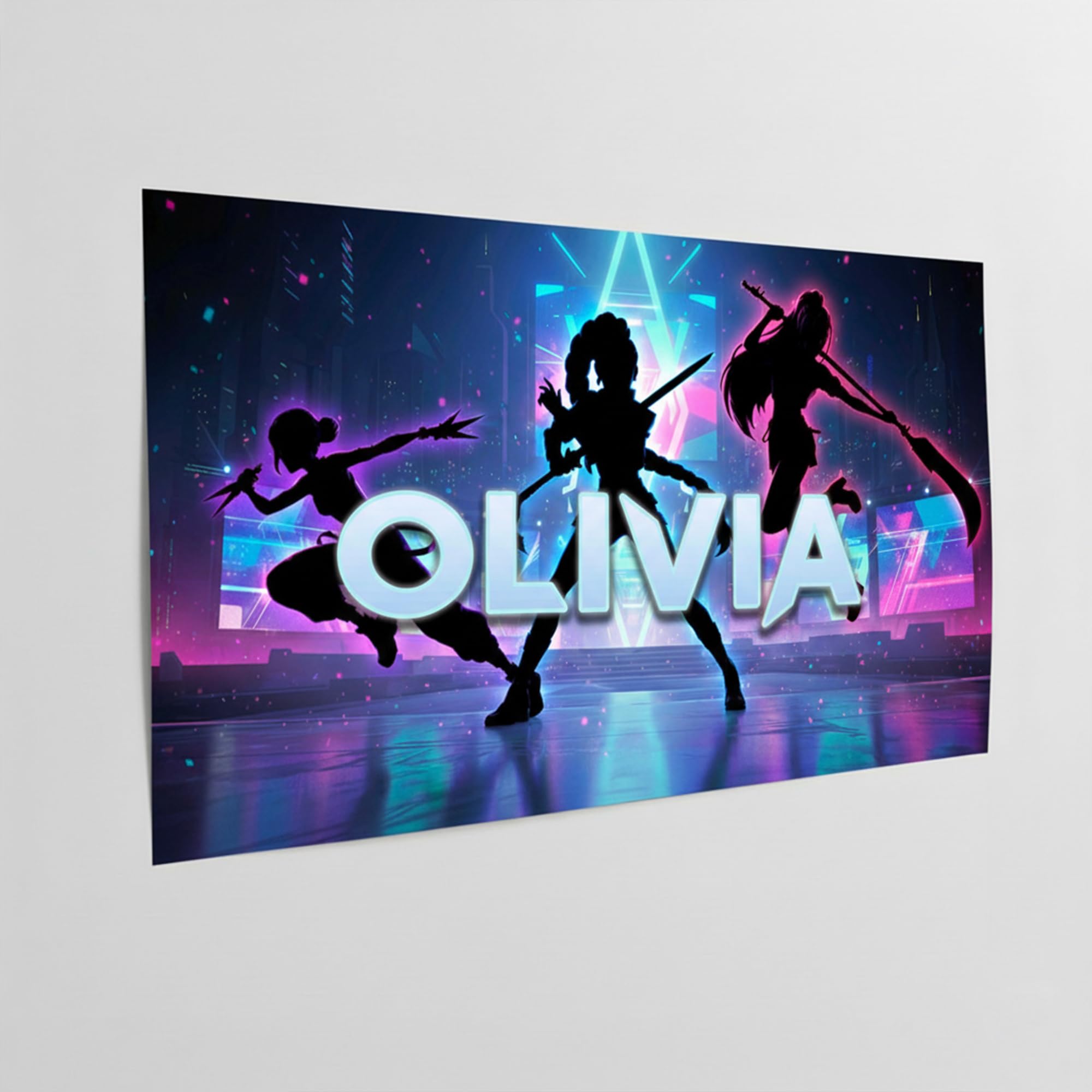 Triangle Déco Women's Blue Panoramic K-Pop Poster Name Neon Warriors Korean - Personalised Gift Teen