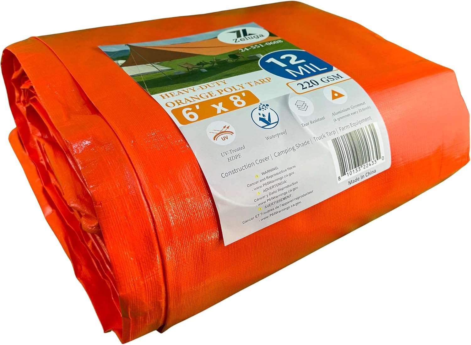 24-551-0608 220GSM Heavy Duty Orange Poly Tarp - 6 ft x 8 ft, 12 Mil Thick, 100% Waterproof with UV Treatment, Reinforced Edges & Rust-Proof Grommets for Outdoor, Construction, and Storage