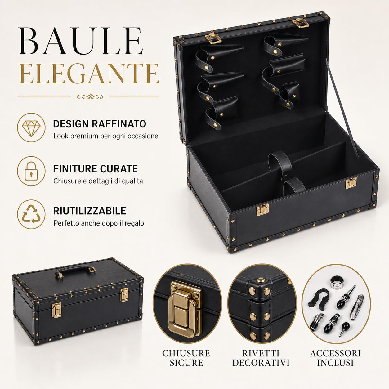 Set Degustazione Vino Regalo con Baule Rigido in Pelle e Accessori – Prosecco Extra Brut DOCG & El Vin del Nono – Confezione Elegante Riutilizzabile – Al Canevon