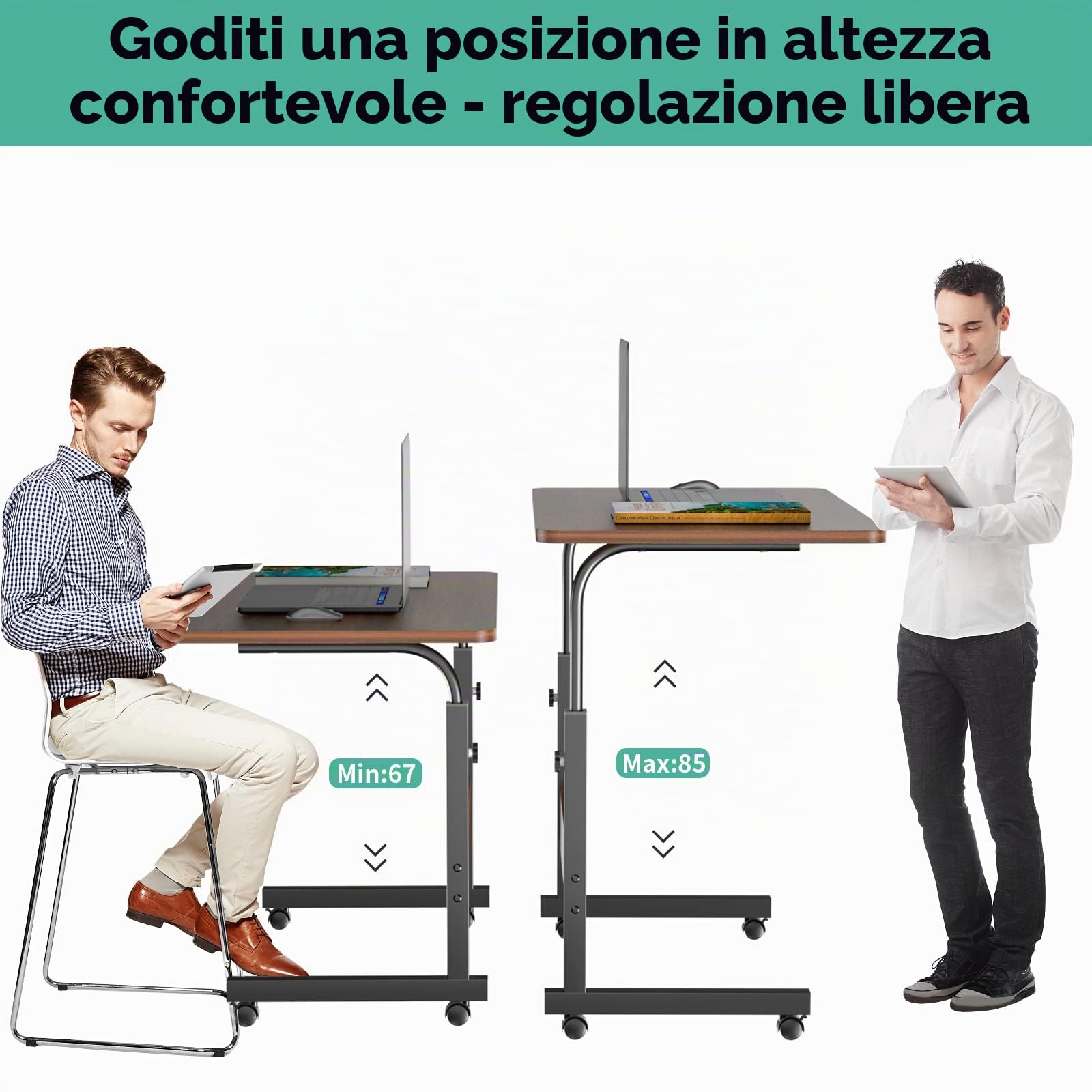Scrivania con ruote, scrivania per computer con ruote, tavolino regolabile in altezza, per camera da letto, soggiorno, 80x40 cm Marrone rossastro