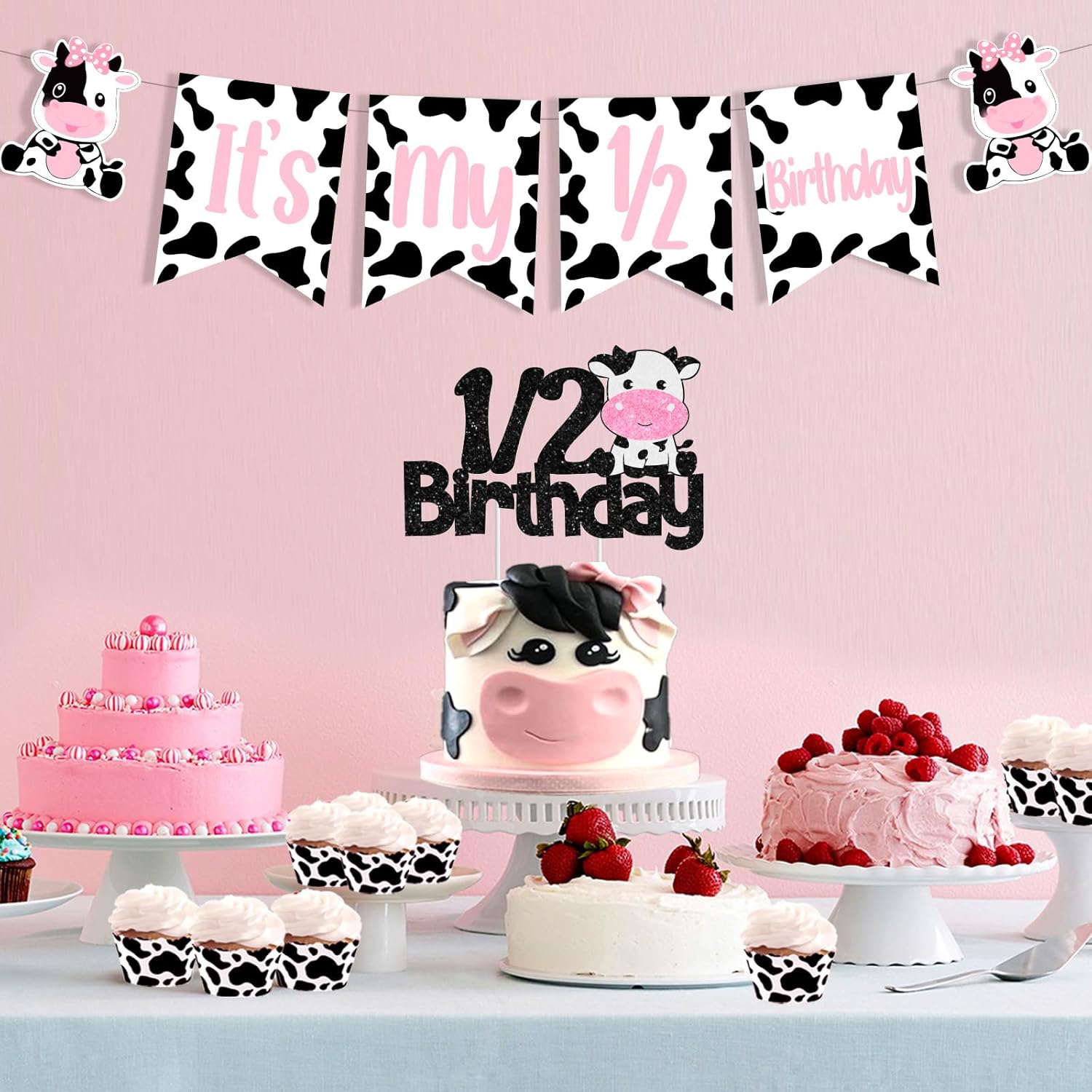 Cow 6 Months Decorations Girl - It's My 1/2 Birthday Highchair Banner and Cake Topper, 6 Month Balloons Banner for Girls, Holy Cow Farm Animal Half Year Party Supplies