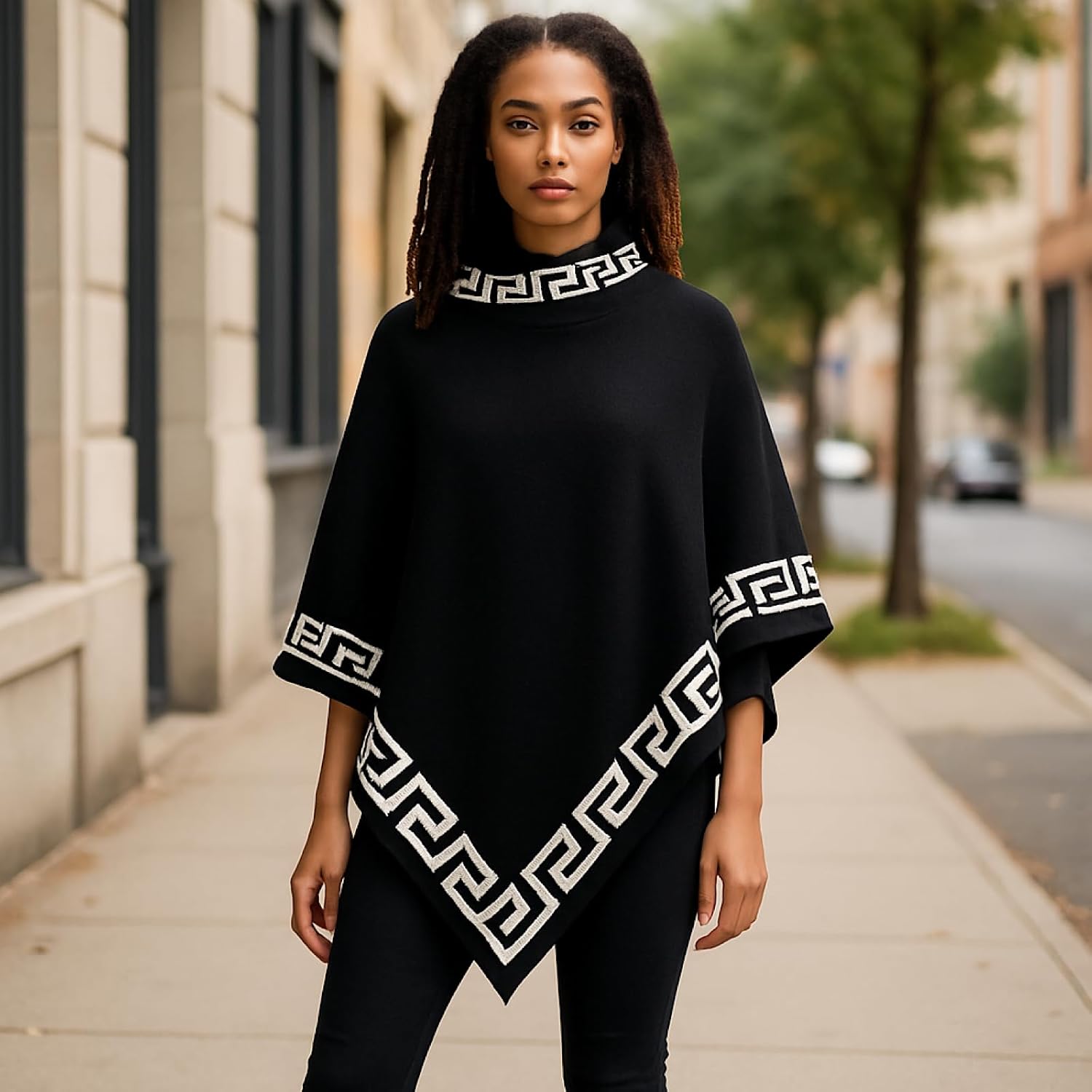 Women's Greek Key Pattern Poncho, High Neck, Asymmetric Hem, Geometric Pattern Knitted Sweater