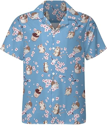 HUGLAZY Floral Shirt for Men Possum Hawaiian Shirts Button Down Funny Cherry Blo