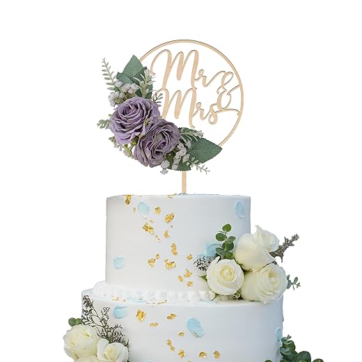 Mr & Mrs Wedding Cake Topper with 3D Artificial Flowers and Greenery Wooden Cake Decoration for Wedding (Violet Roses)
