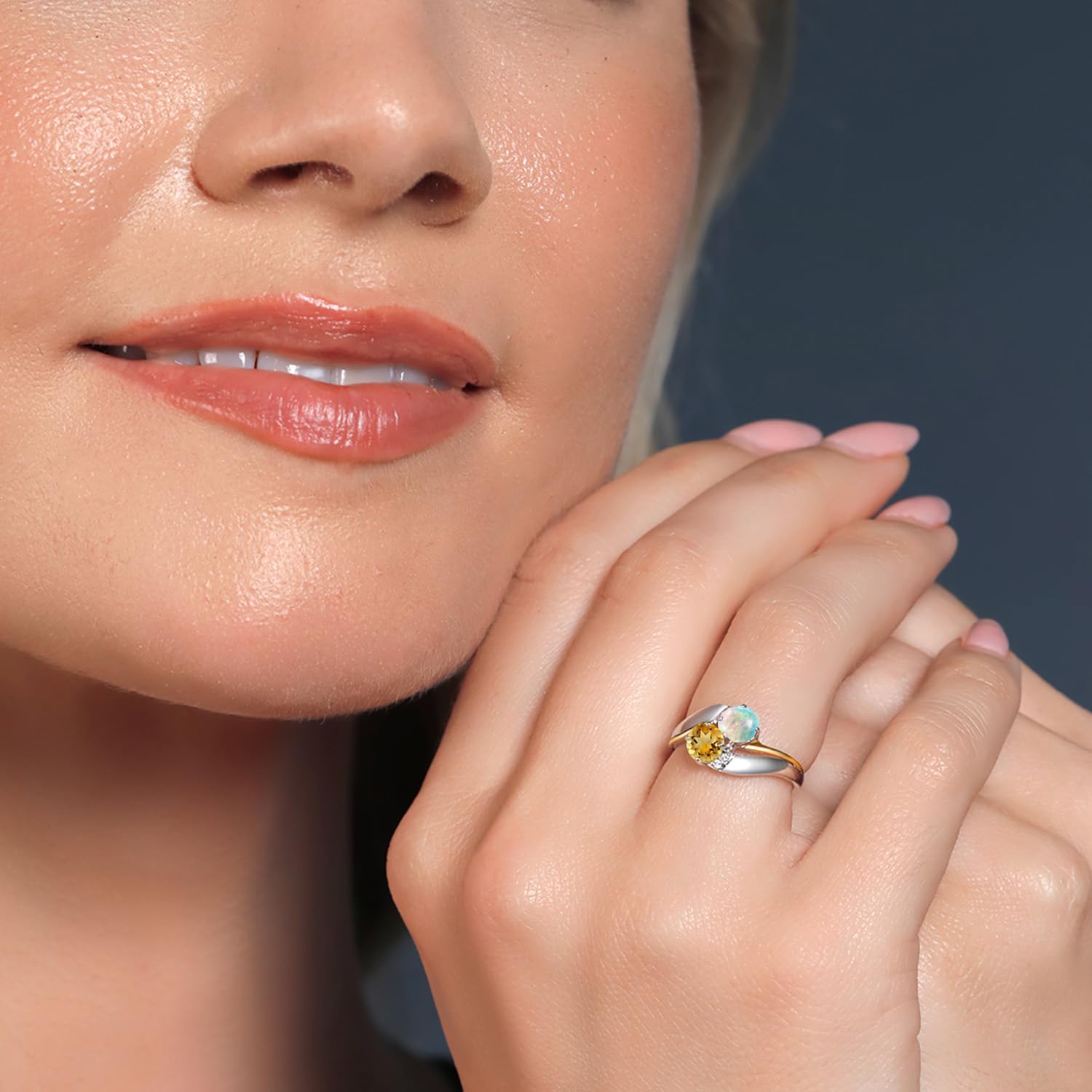 Gem Stone King 925 Sterling Silver and 10K Yellow Gold Yellow Citrine White Simulated Opal 2 Stone and Lab Grown Diamond Accent Ring For Women (1.25 Cttw, Gemstone November Birthstone)
