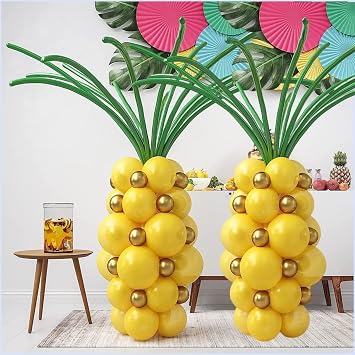 HOUSE OF PARTY 2 Packs Pineapple Balloons for Tropical Garland - 12,10,5 Inch Yellow, Green and Gold Summer Balloon Garland for Aloha, Luau, Hawaiian, Pool, Beach Party Decoration