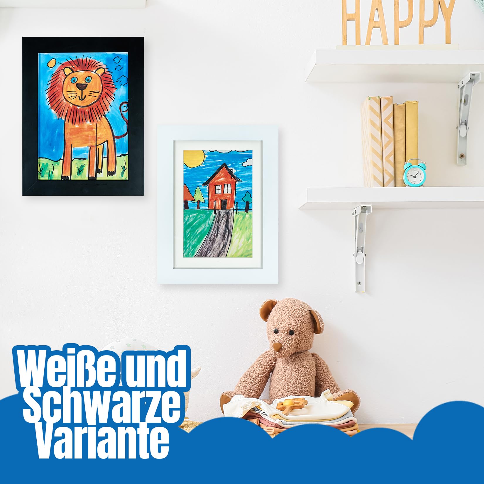 Bilderrahmen aus hochwertigem Holz für kinderzeichnungen A4 - Aufklappbar wechselbilderrahmen - mit Malbuch von Tieren (Schwarz)