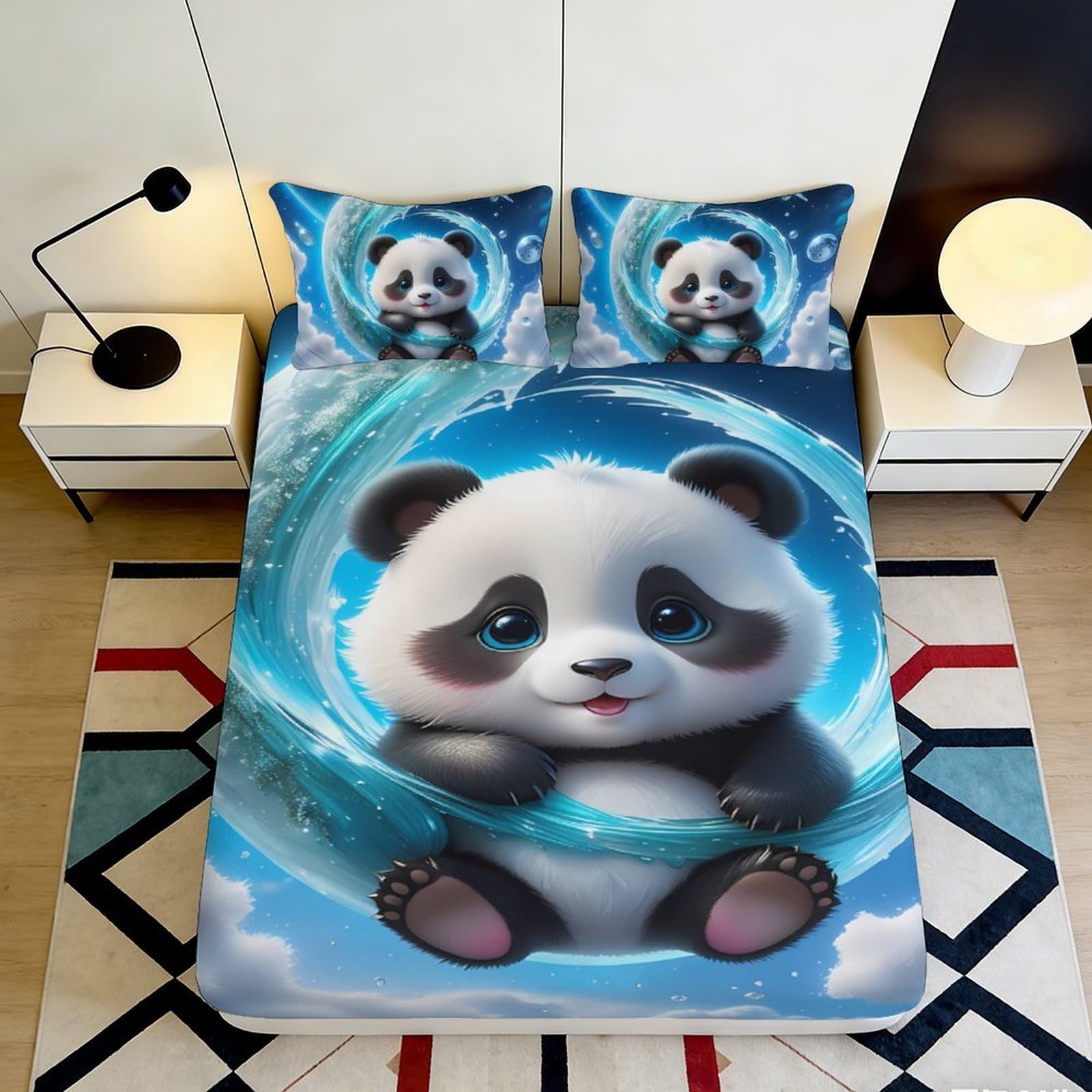 3D Printed Cute Panda Fitted Sheet Microfiber Soft Blue Cartoon Animal Bed Cover for Bedroom Guest Room Decor 180x200x25cm