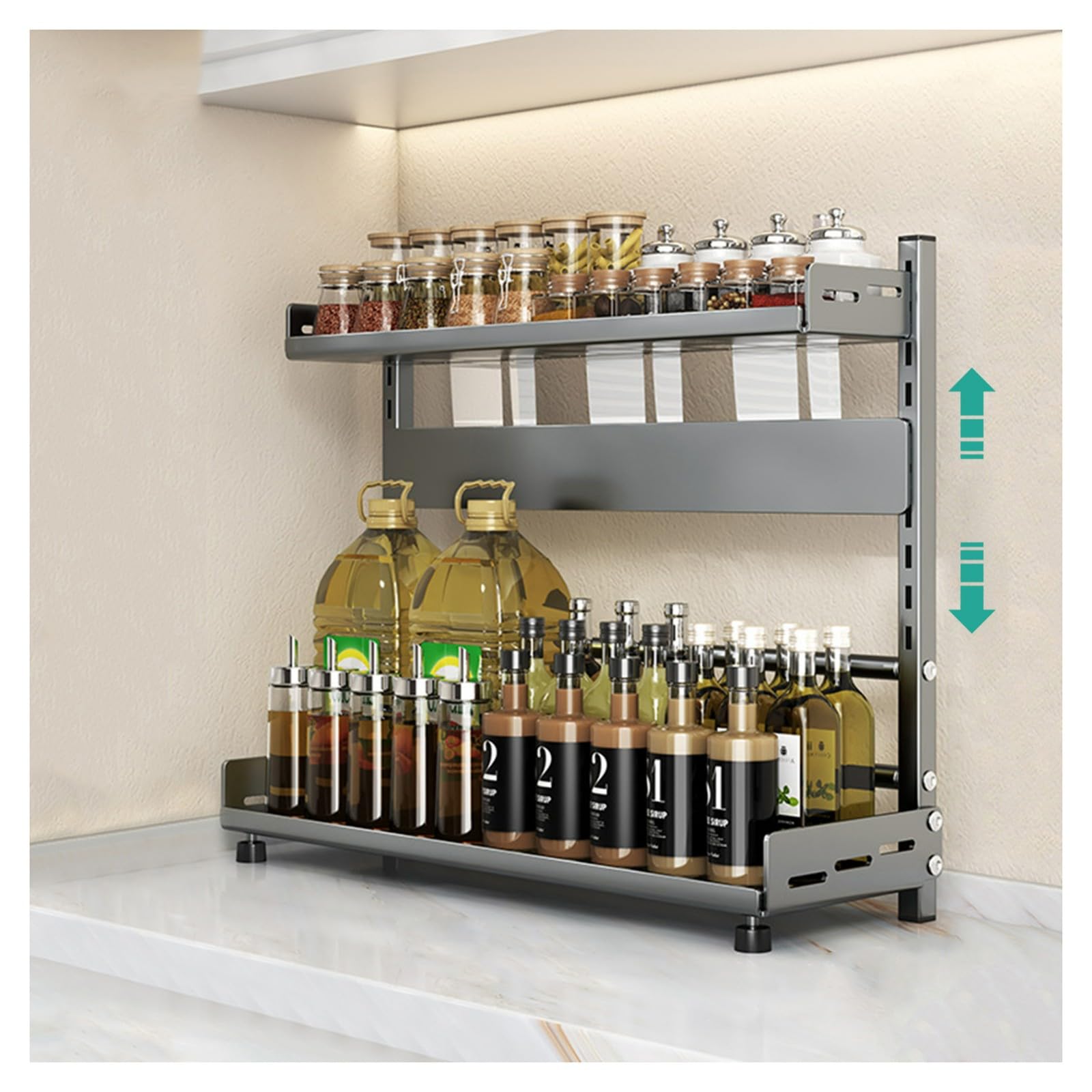 HADECOLL 3-Tier Adjustable Spice Rack, Height-Adjustable Metal Kitchen Organizer With Knife Slot, Rustproof Storage For Countertop And Cabinet,Grey-2 Tier-50cm