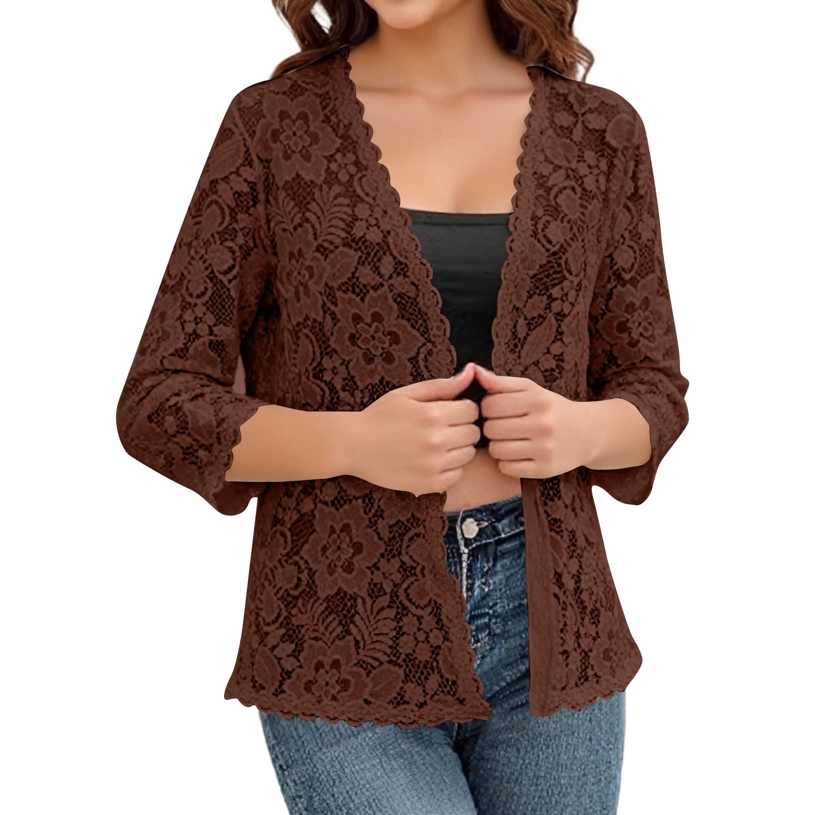 Cardigan Femme Manches Trois Quarts Pure Couleur en Dentelle ajourée et Transparente Style Romantique et délicat