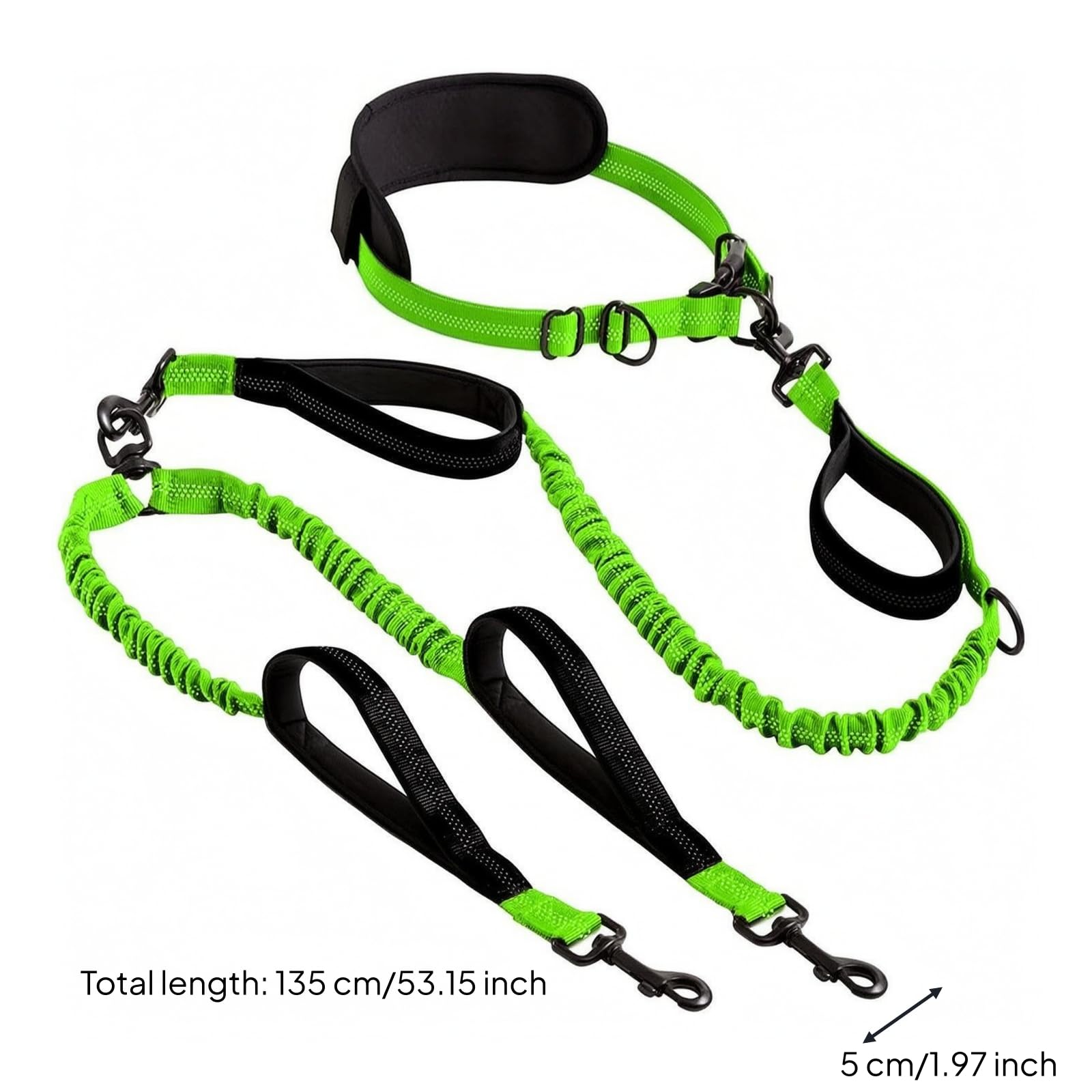 Guinzaglio a Doppia Testa Guinzaglio Elastico con Bungee Guinzaglio per Cani Guinzaglio Cintura da Corsa con Cintura in Vita con Maniglie per, Verde