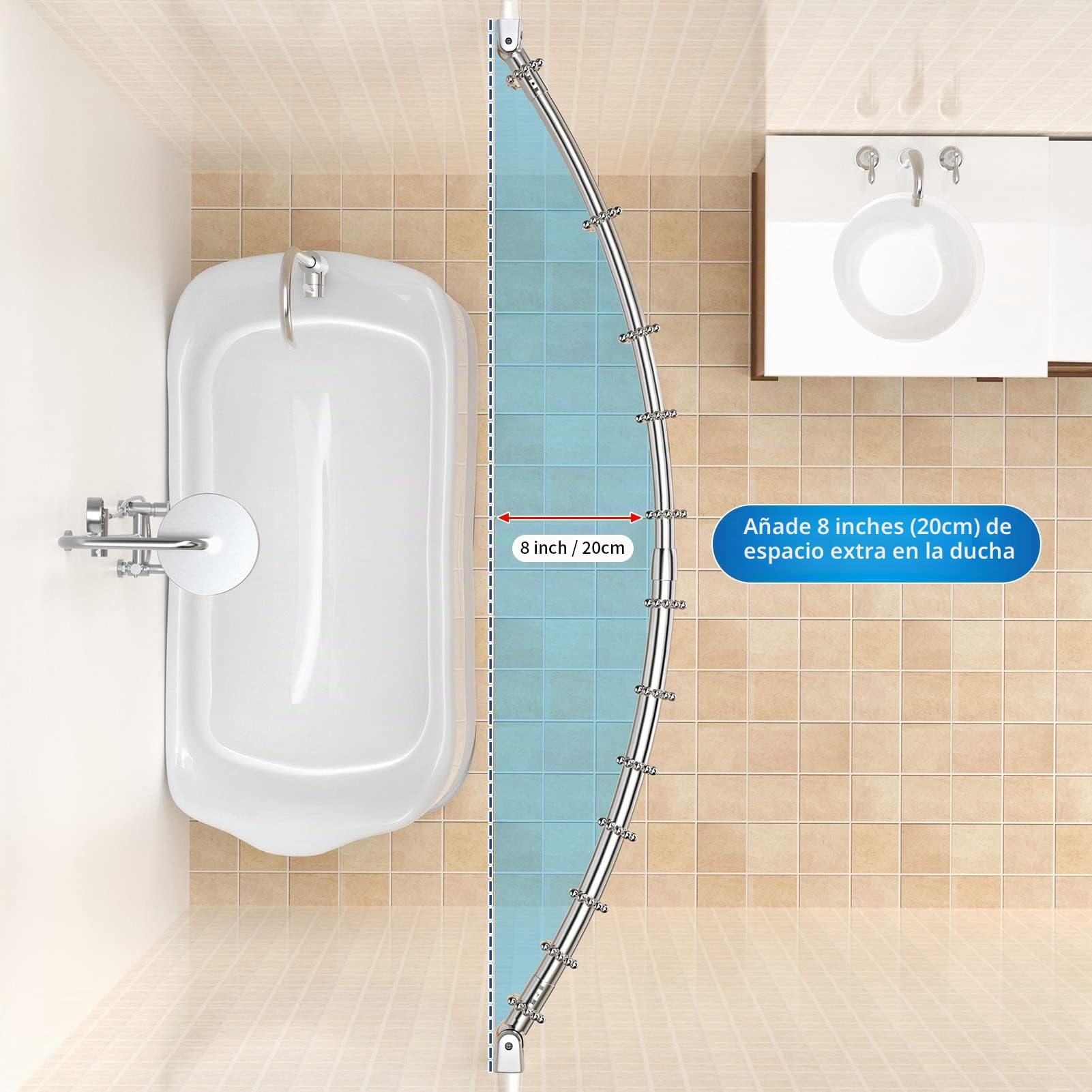 Barra De Cortina De Ducha, Barra De Ducha De Esquina Incluye 18 Anillos, [110-180cm], Barra De Arco Ajustable De Acero Inoxidable, Necesita Perforación, Sin Soporte De Techo, Para Baño Vestidor
