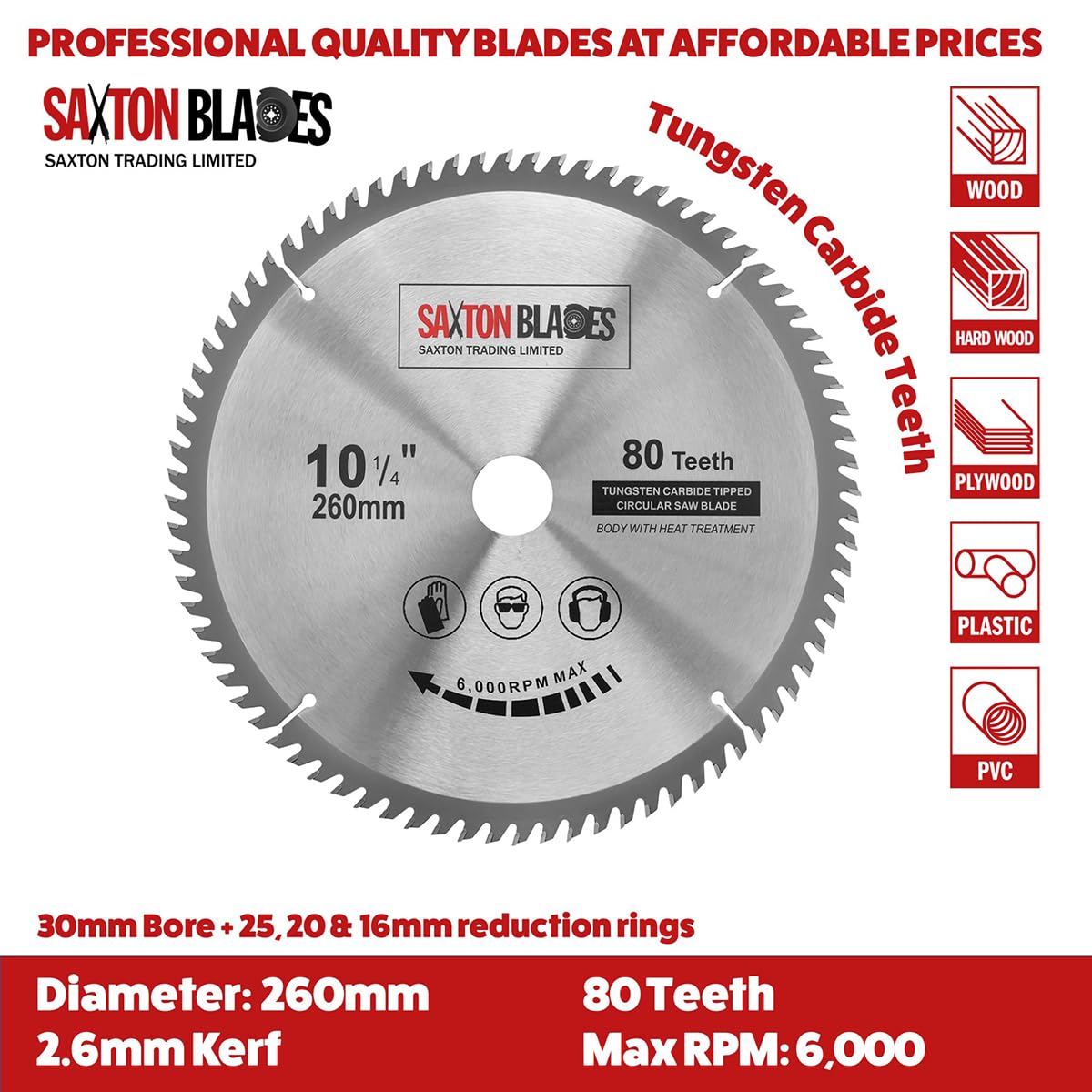 TCT260MXA 2x Saxton TCT lames de scie circulaire pour le bois 260 mm x 30 mm alésage for Bosch Makita Dewalt Pack A