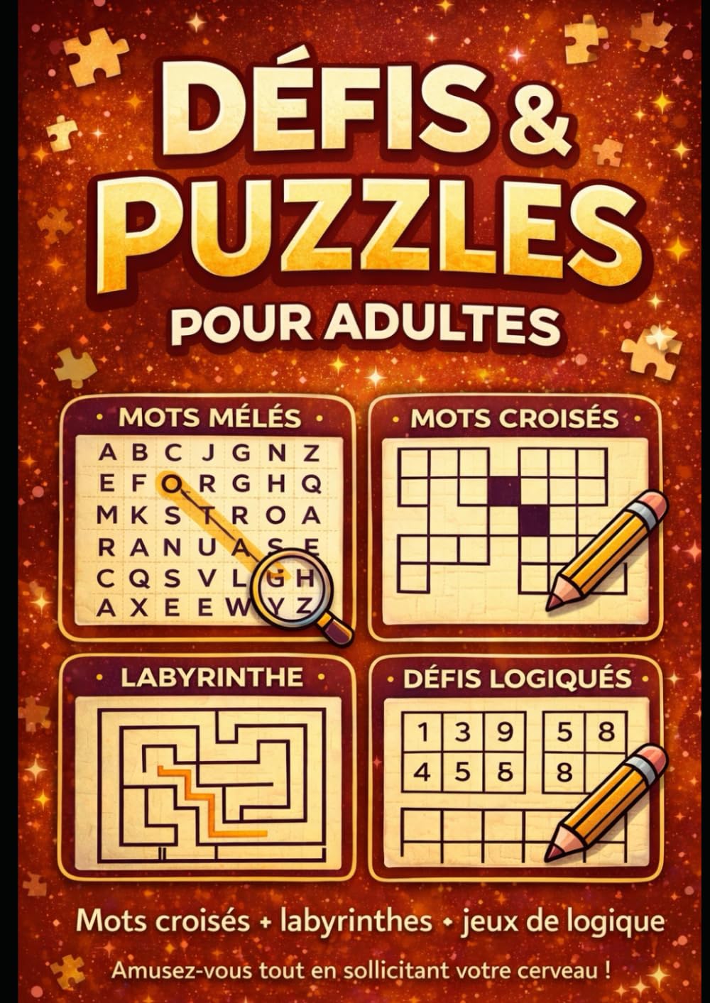 Défis & Puzzles pour adults: Mots croisés • Mots mêlés • Labyrinthes • Défis logiques Un cahier de jeux pour stimuler la mémoire, la concentration et la réflexion