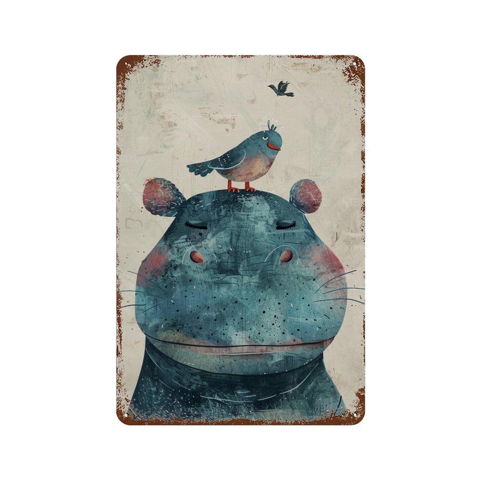 Hippopotamus with Bird on Head Rust Effect Tin Sign 11.8"x7.9", Vintage Wall Decor for Pub, Kitchen And Man Cave Decor