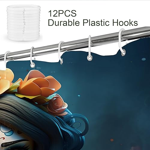 Miniatura 6 de Juego de cortinas de ducha con diseño de calavera de azúcar, para Halloween, Día de los Muertos, cortinas de baño con flores rosas, juego de