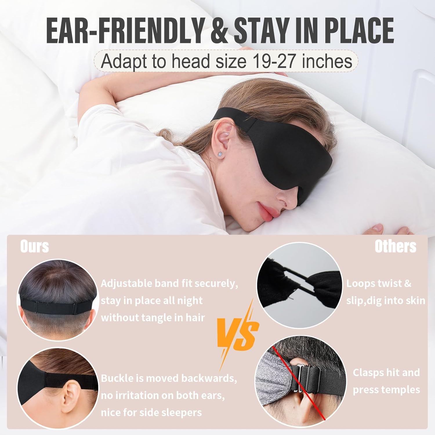 VIZARO Luxury Sleep Eye Mask for Side Sleeper Men Women, Zero Eye Pressure 3D Sleeping Mask, Light Blocking Patented Design Night Blindfold, Soft Eye Shade Cover for Travel, Black