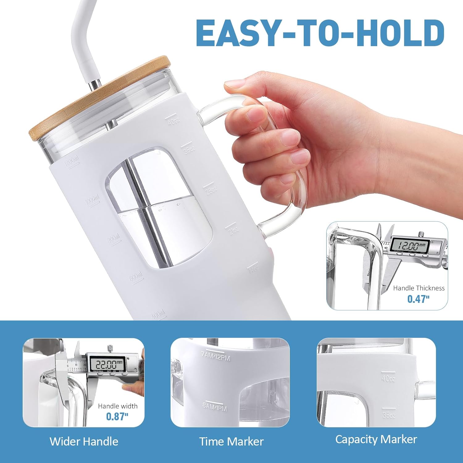 Glass Tumbler with Straw and Lid, 40 oz glass cup with handle, Glass Water Bottles with Time Marker, Silicone Protective Sleeve-White - Image 2