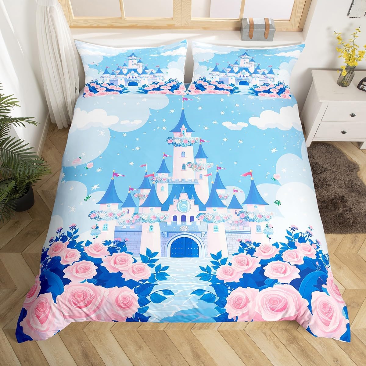 jejeloiu Kids Castle Dreamy Duvet Cover Toddler Size, Princess Comforter Cover Cute Unicorn Bedding Set Boys Girls Galaxy Rainbow Teens Bedspread Cover Bedclothes Zipper (No Comforter)