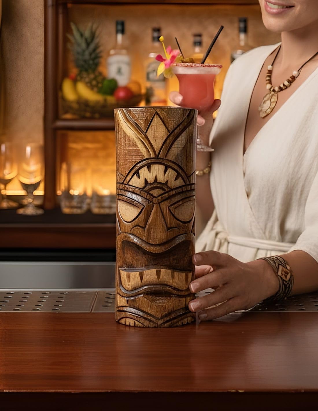 Coco Papaya Totem Tiki 25cm en Bois sculpté