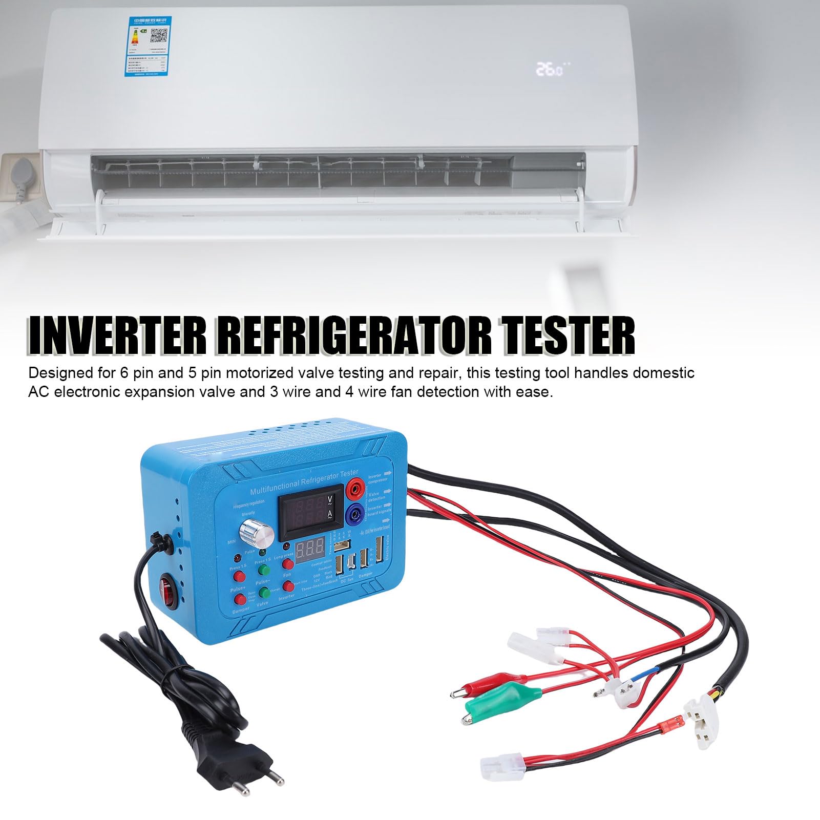 Jectse Tester per Frigorifero Inverter, Strumento di Test per Scheda a Frequenza Variabile con Avviso Cicalino per Riparazione Elettrovalvola Motorizzata a 6 Pin e 5 Pin (Spina europea)
