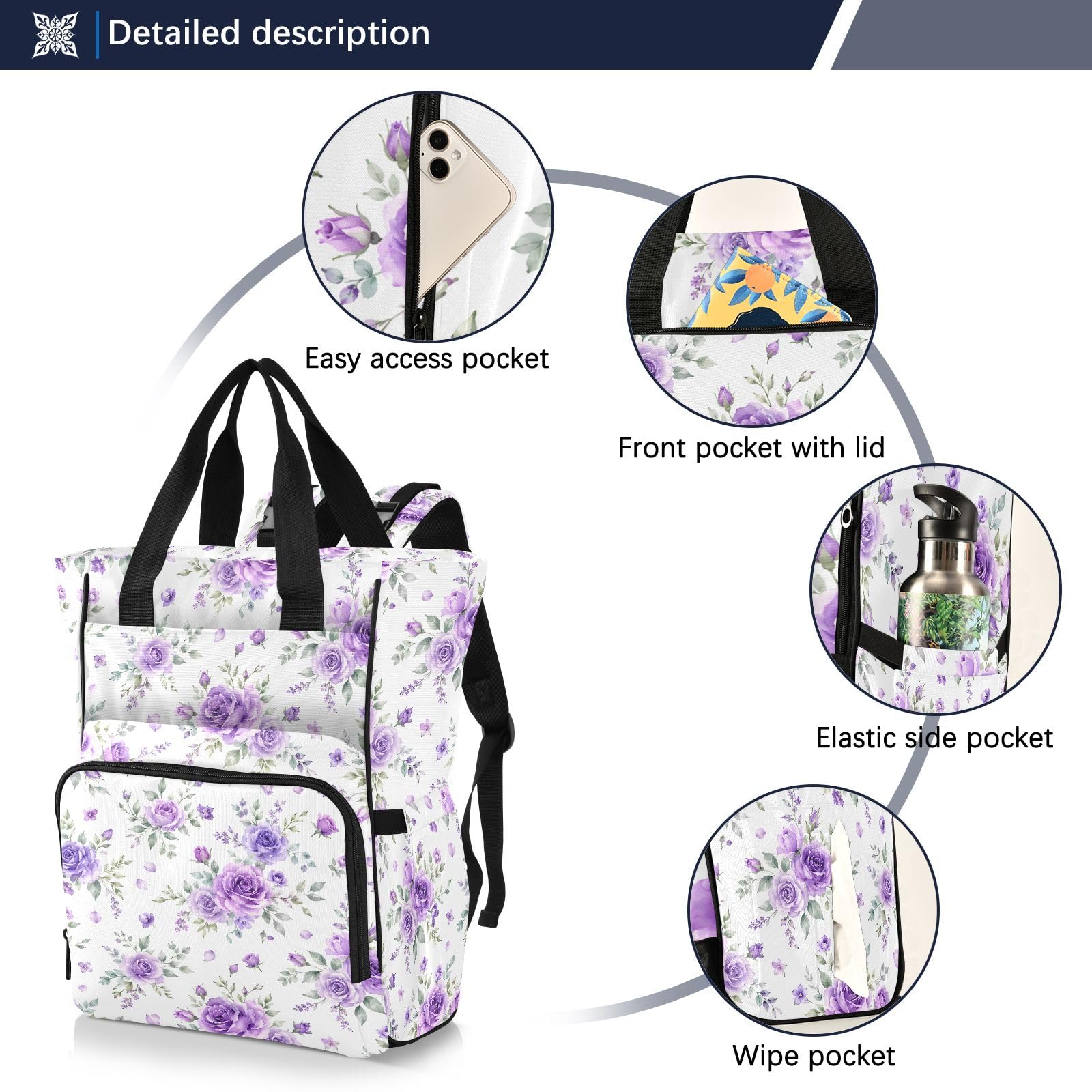 Mnsruu Borsa per pannolini per bambini viola con fiori zaino grande borsa impermeabile da viaggio borse per pannolini per mamme e papà