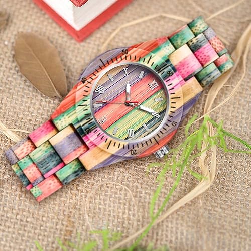 Miniatura 8 de Tiong Reloj de madera para mujer con correa de madera, cuarzo analógico, diseño clásico, colorido reloj de pulsera de bambú para damas, parejas..