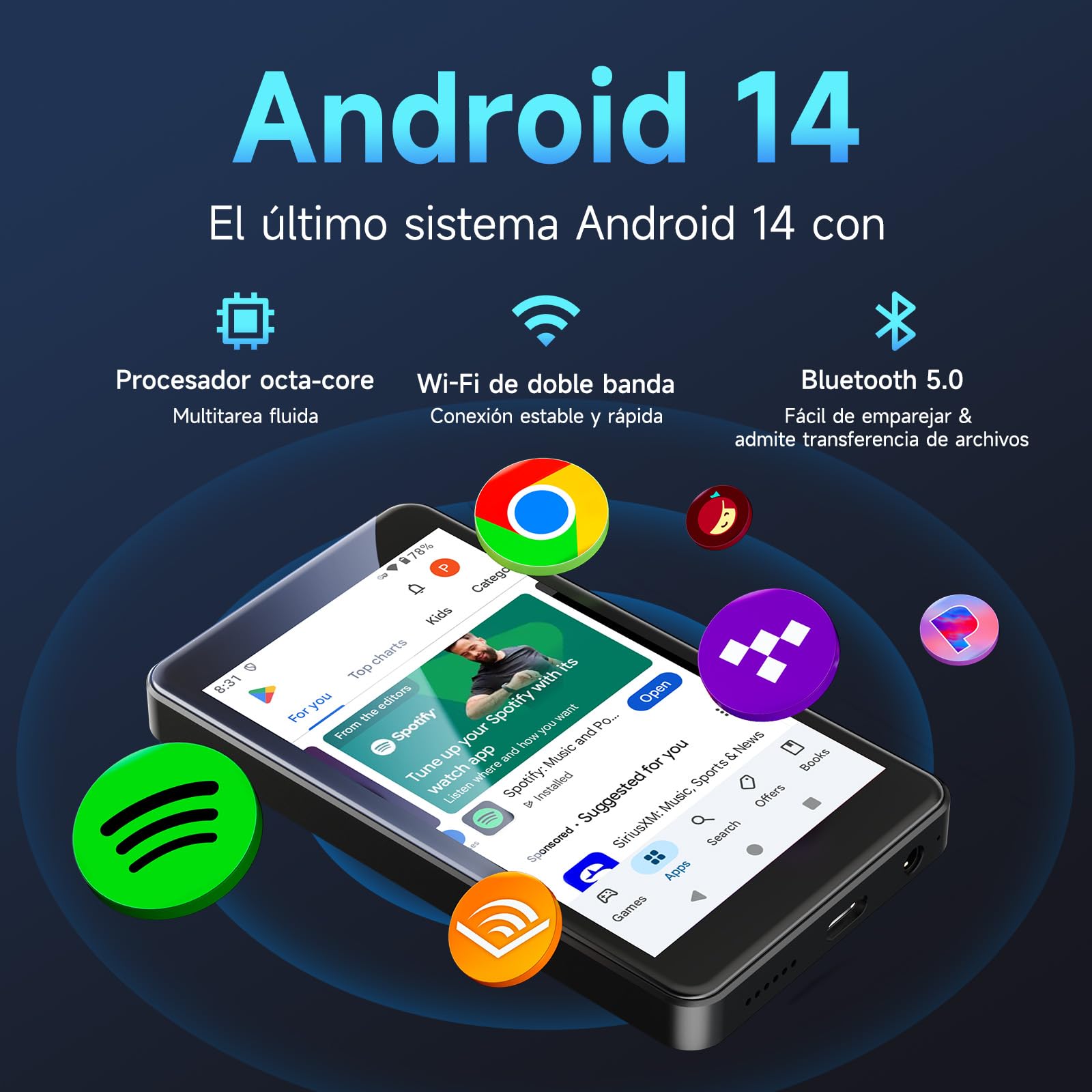 Reproductor MP3 Android 14 con Spotify, Play Store, Amazon Music, Audible, Libby, Reproductor de música MP4 con Pantalla táctil de 4" para niños con Control Parental, Modo Eye-Care (Negro Espacial)