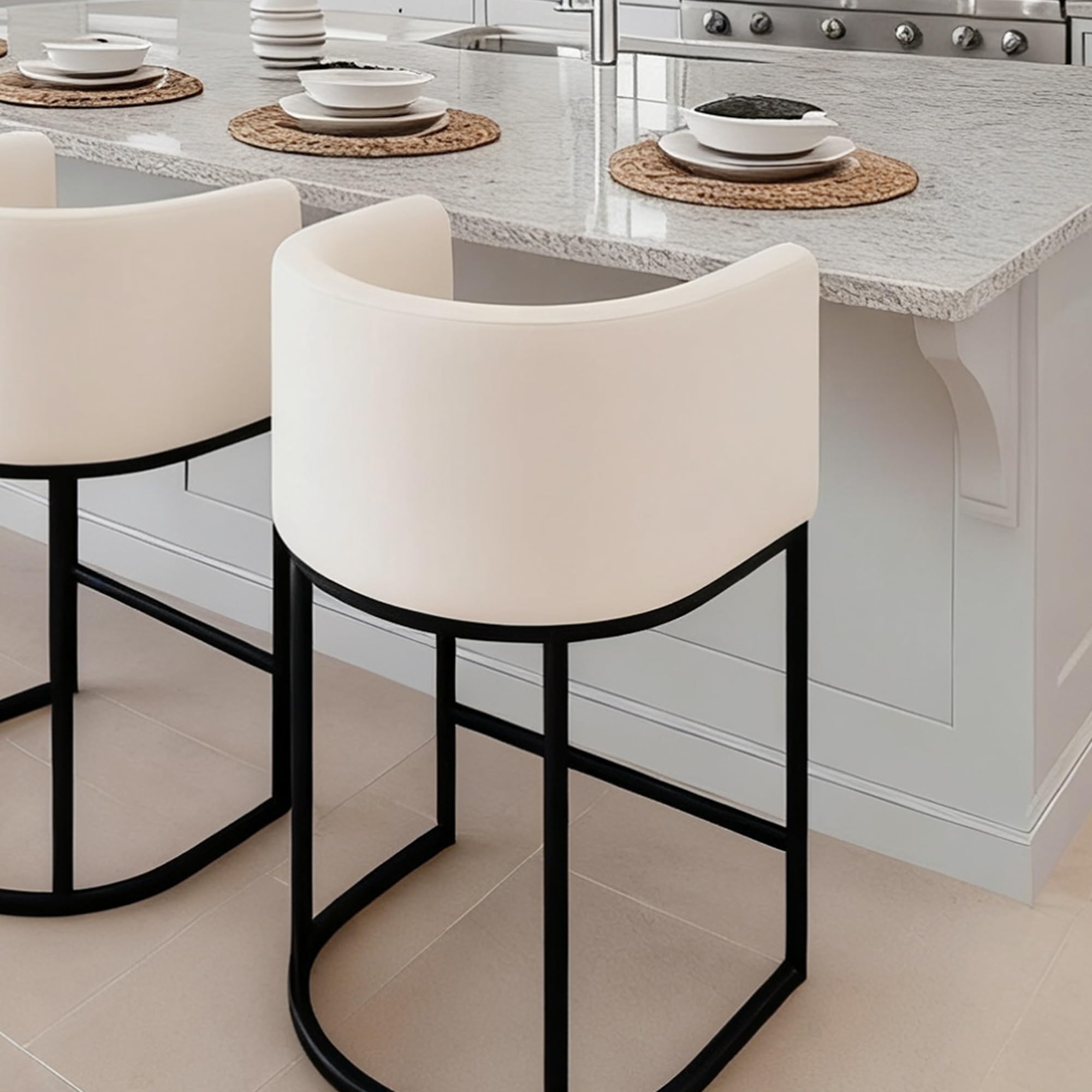 HNY Modern Counter Height Linen Fabric Cream Upholstered Counter Stool, 29 Inch Kitchen Island Stool with Black Tubular Frame