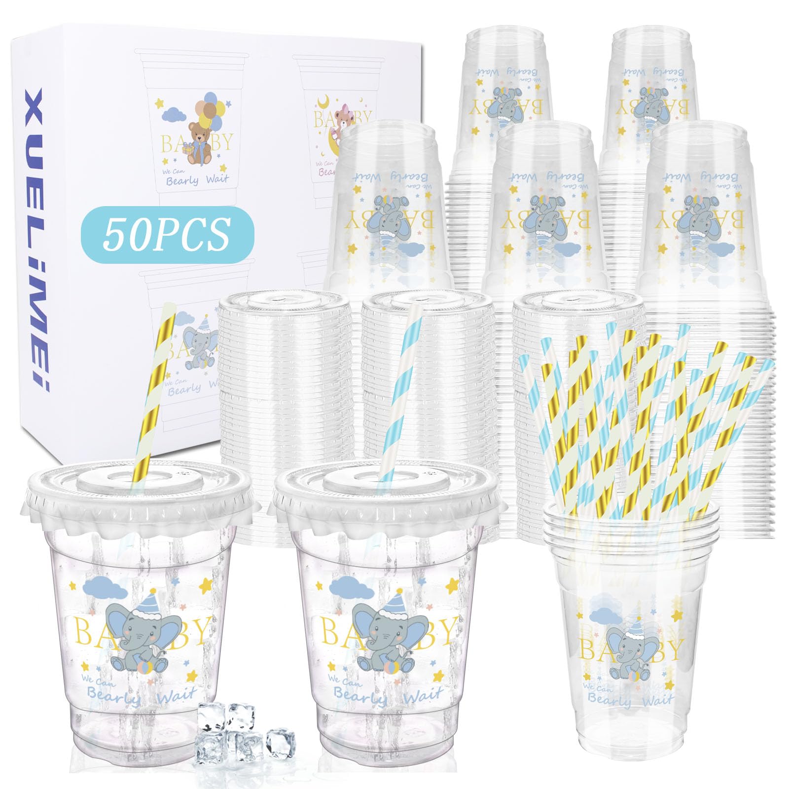 Xuelimei Baby Shower Party 12 oz Disposable Plastic Cup with Lids Elephant Cups Baby Shower Table Decorations Baby Shower Party Disposable Clear Plastic Cups for Party Favors (50, Blue)