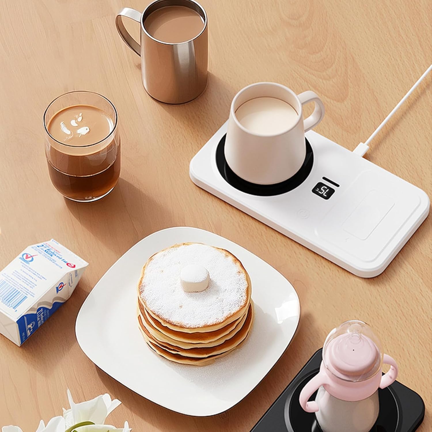 Smart Coffee Warmer with Charging Pad, Digital Temperature Display, Phone and Watch Charging Base (White)