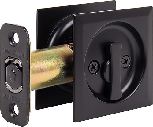Miniatura 2 de Stone Harbor Hardware Cerradura de puerta de bolsillo cuadrada contemporánea, función de privacidad, fondo de 2-38 pulgadas, negro mate
