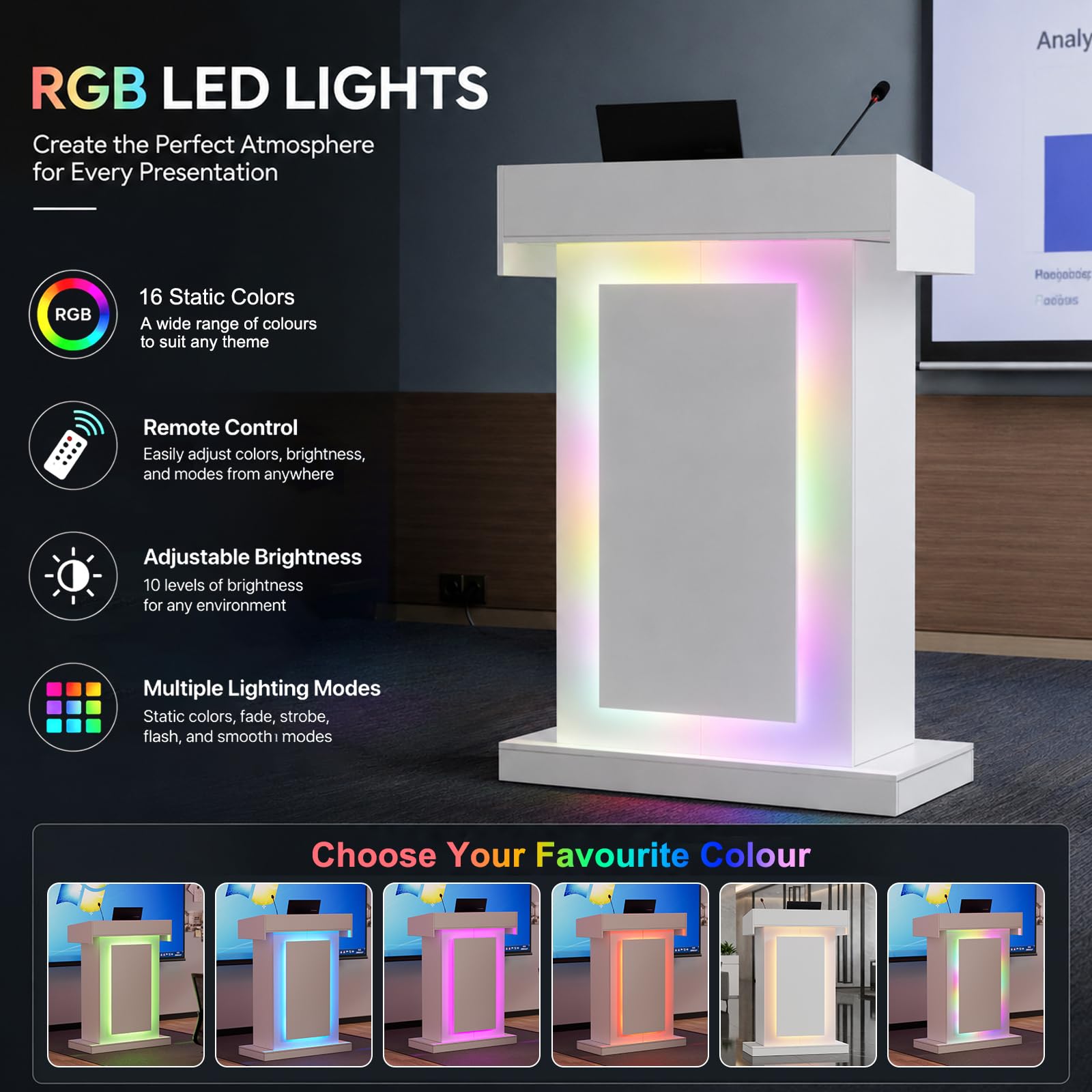 MSFE Atril de pie, mostrador de recepción, podio de madera con luz LED de 16 colores y 4 espacios abiertos, para aulas, aulas, iglesias, seminarios (116,5 x 80 x 40 cm)