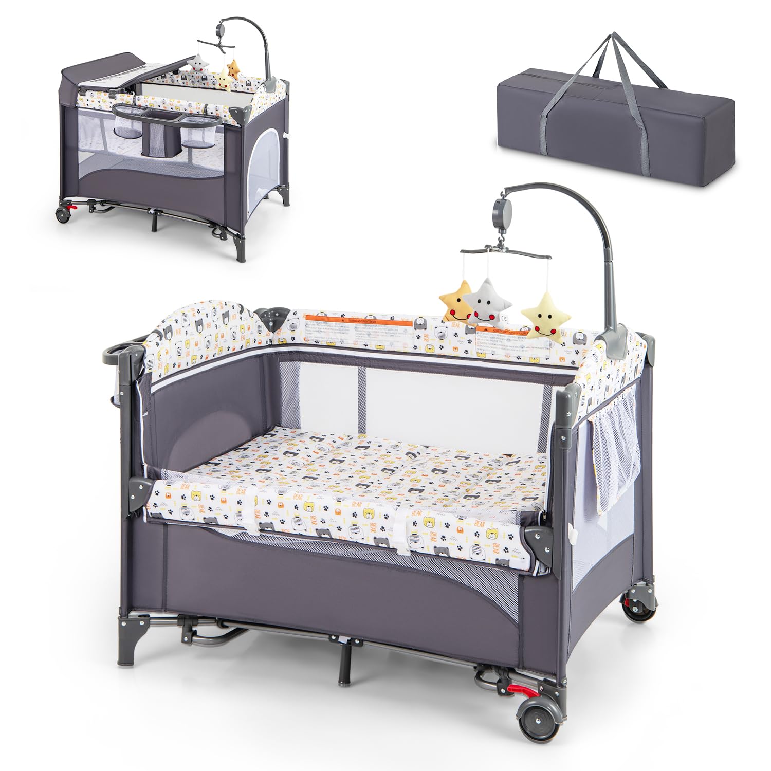 DREAMADE Reisebett mit Matratze, 5 in 1 Beistellbett Baby mit Rollen & Wickelauflage & Spieluhr, 110×76cm Babybett mit Tragetasche, für Neugeborene & Baby (Bunt)