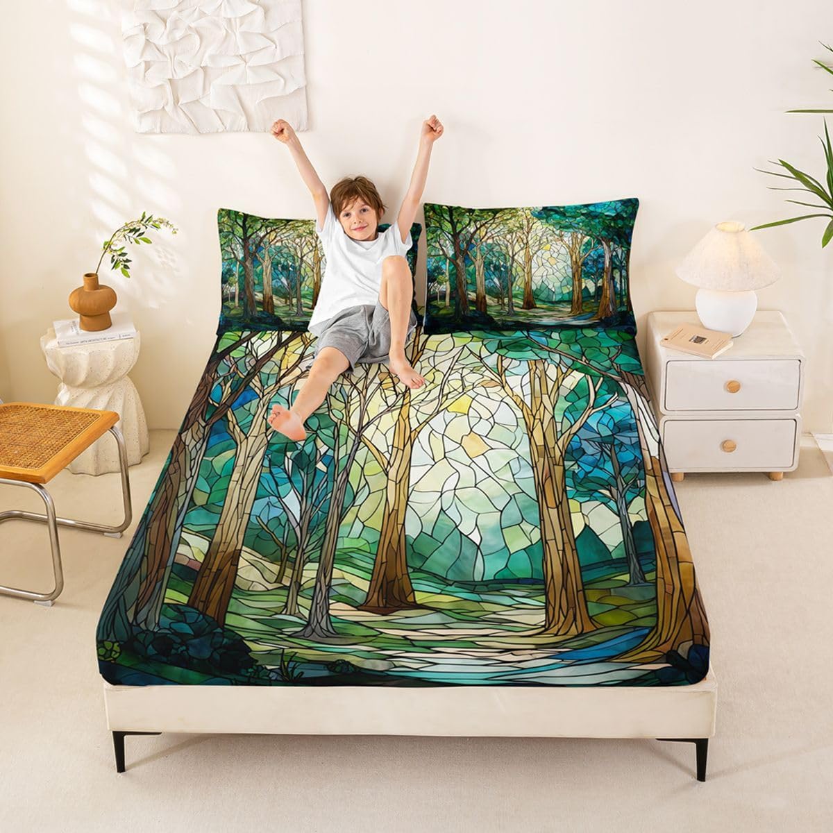Castle Fairy Tree Kids Twin Size Fitted Sheet,Green Stained Glass Natural Boys Girls Bed Sheets,Summer Modern Aesthetic Room Decor,Bedding Set,1 Pillowcase(No Flat)