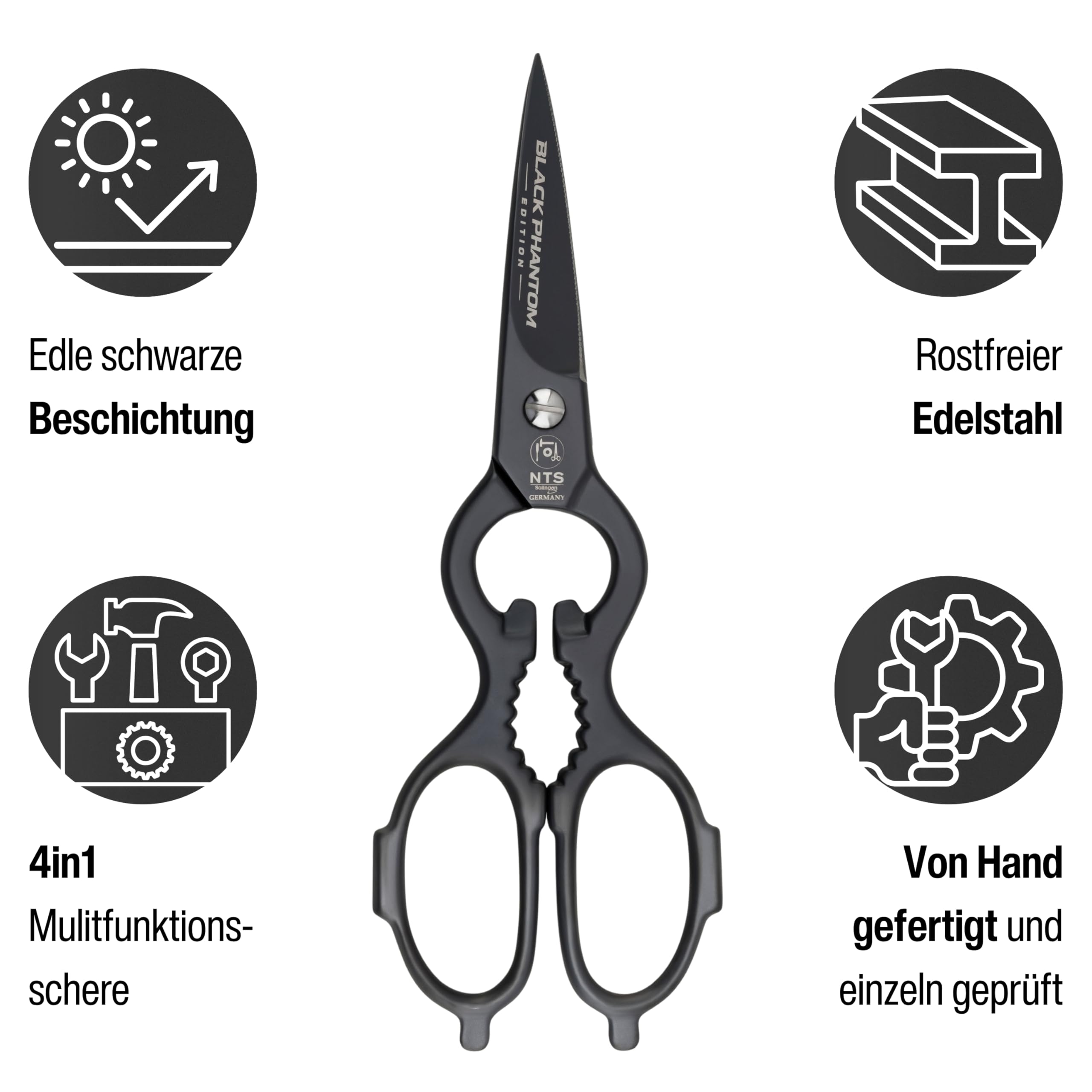 Profi 4in1 Küchenschere Black Phantom Edition 8", Handgeschmiedete 4in1 Haushaltsschere in edlem Schwarz, Rostfrei