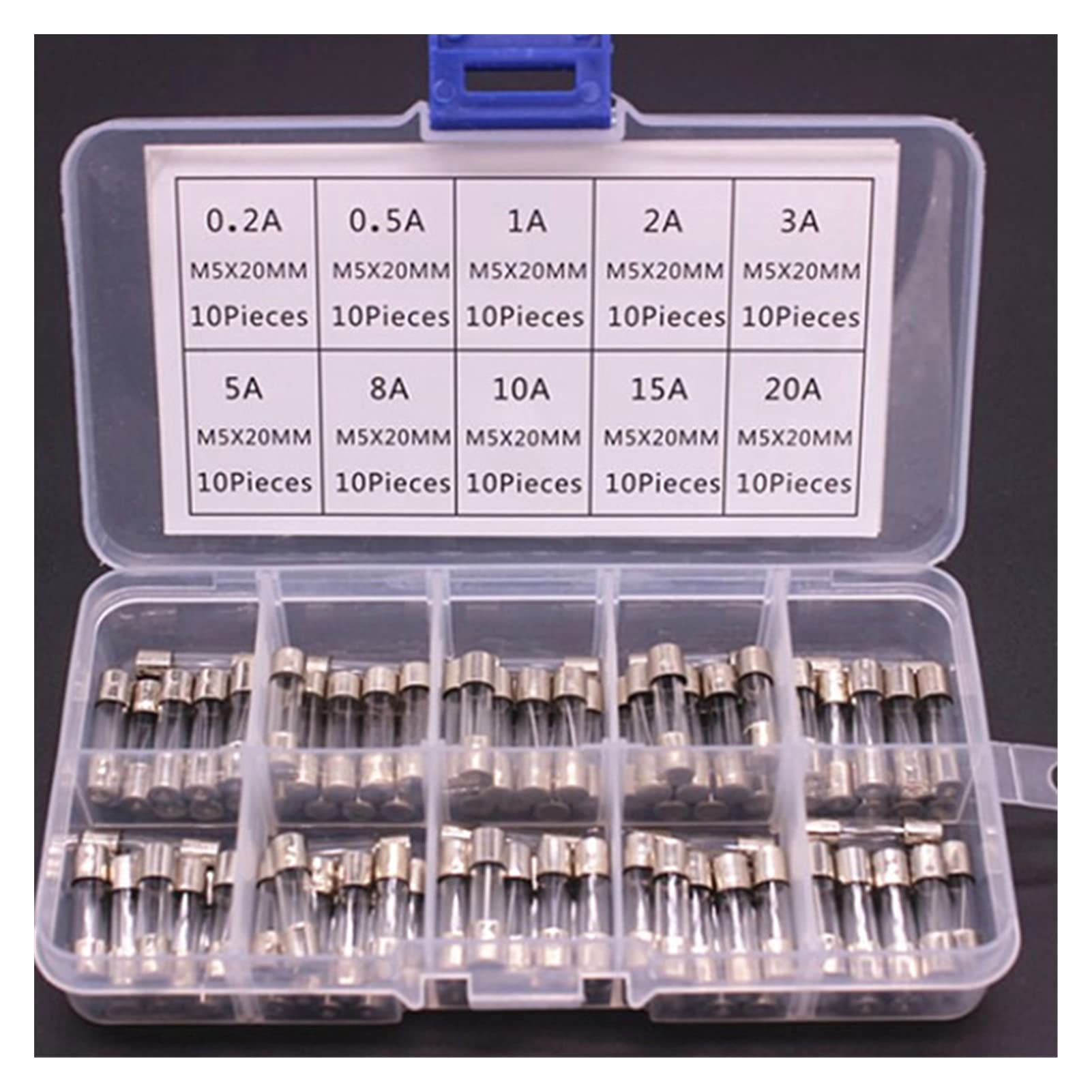 Set di fusibili in vetro a fusione rapida da 100 pezzi, 250 V, 5 x 20 mm, fusibili in vetro a fusione rapida da 0,2, 0,5, 1, 2, 3, 5, 8, 10, 15, 20 A, kit di assortimento